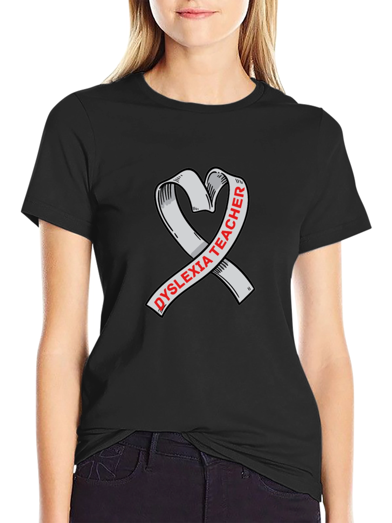 Dyslexia Teacher Ribbon Heart Graphic Tee