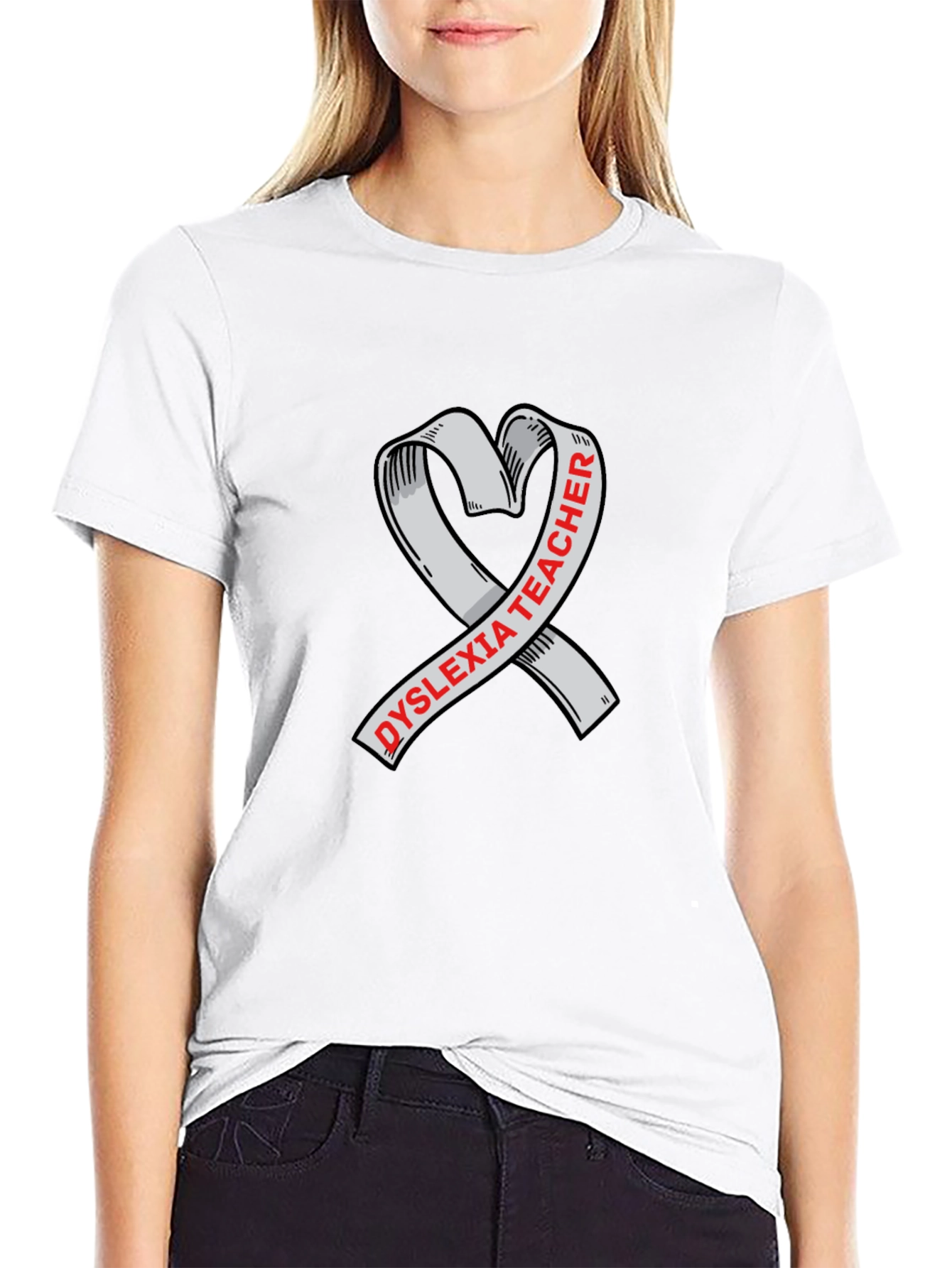 Dyslexia Teacher Ribbon Heart Graphic Tee