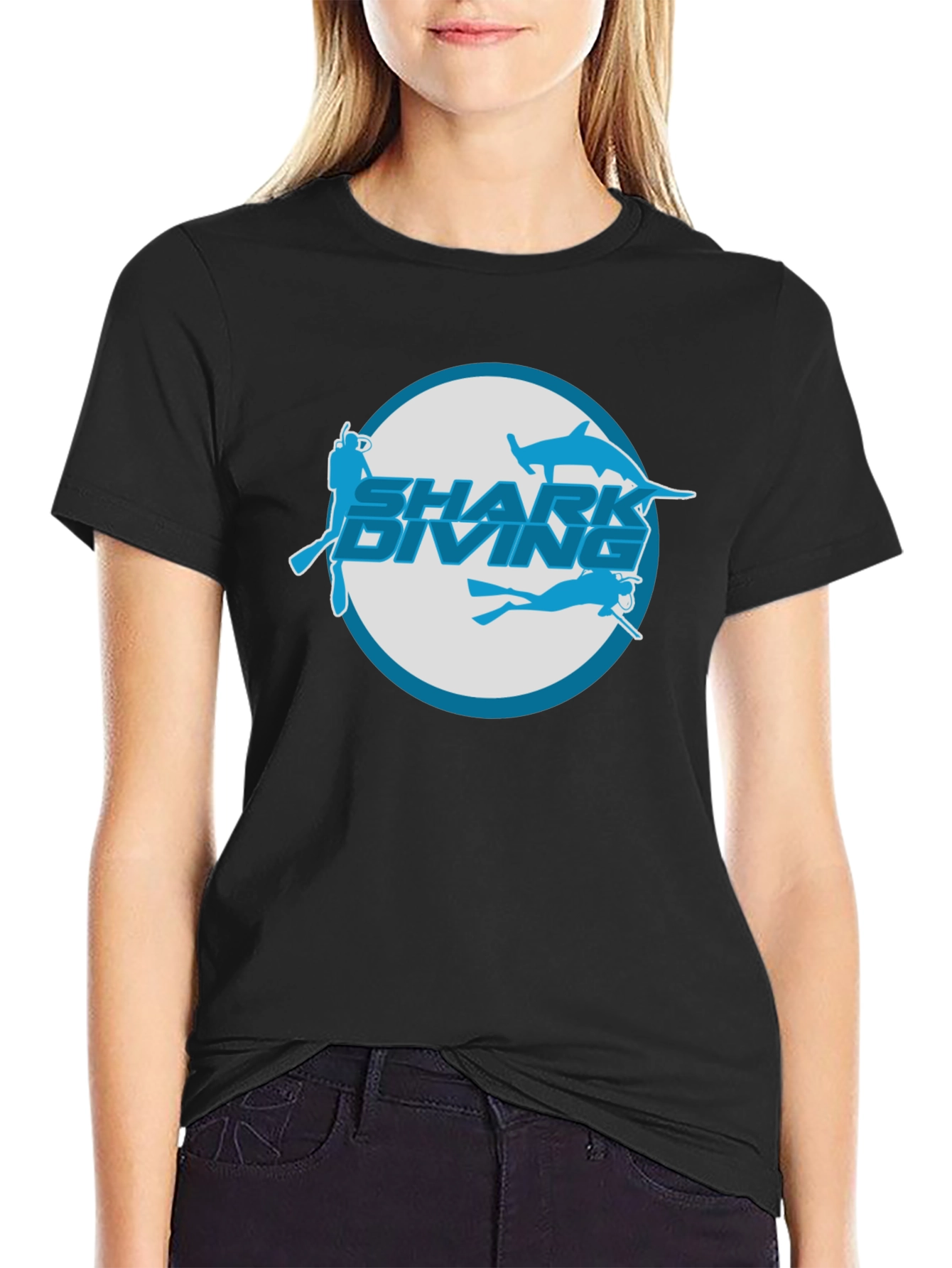 Shark Diving Graphic T-Shirt - Black