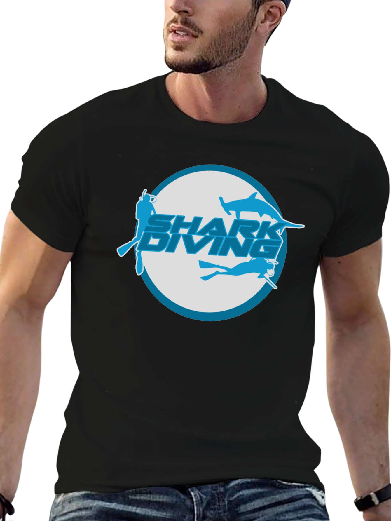 Shark Diving Graphic T-Shirt - Black