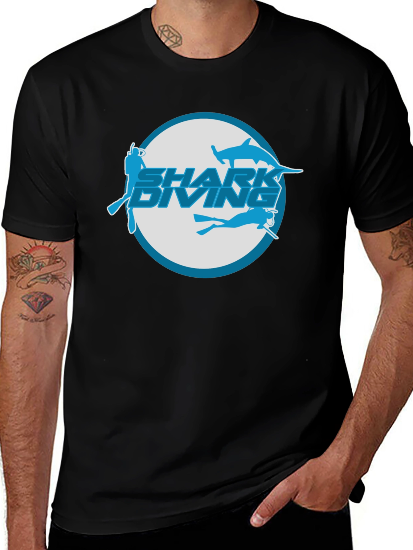 Shark Diving Graphic T-Shirt - Black