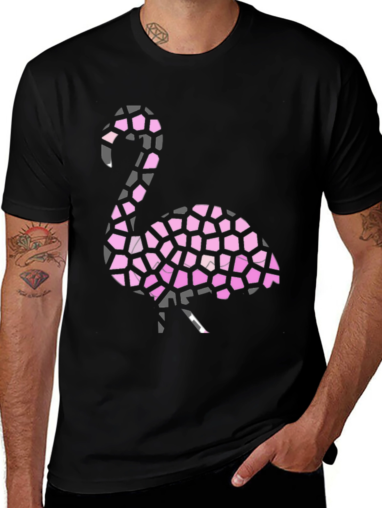 Flamingo Mosaic Graphic Tee - Stylish Black T-Shirt