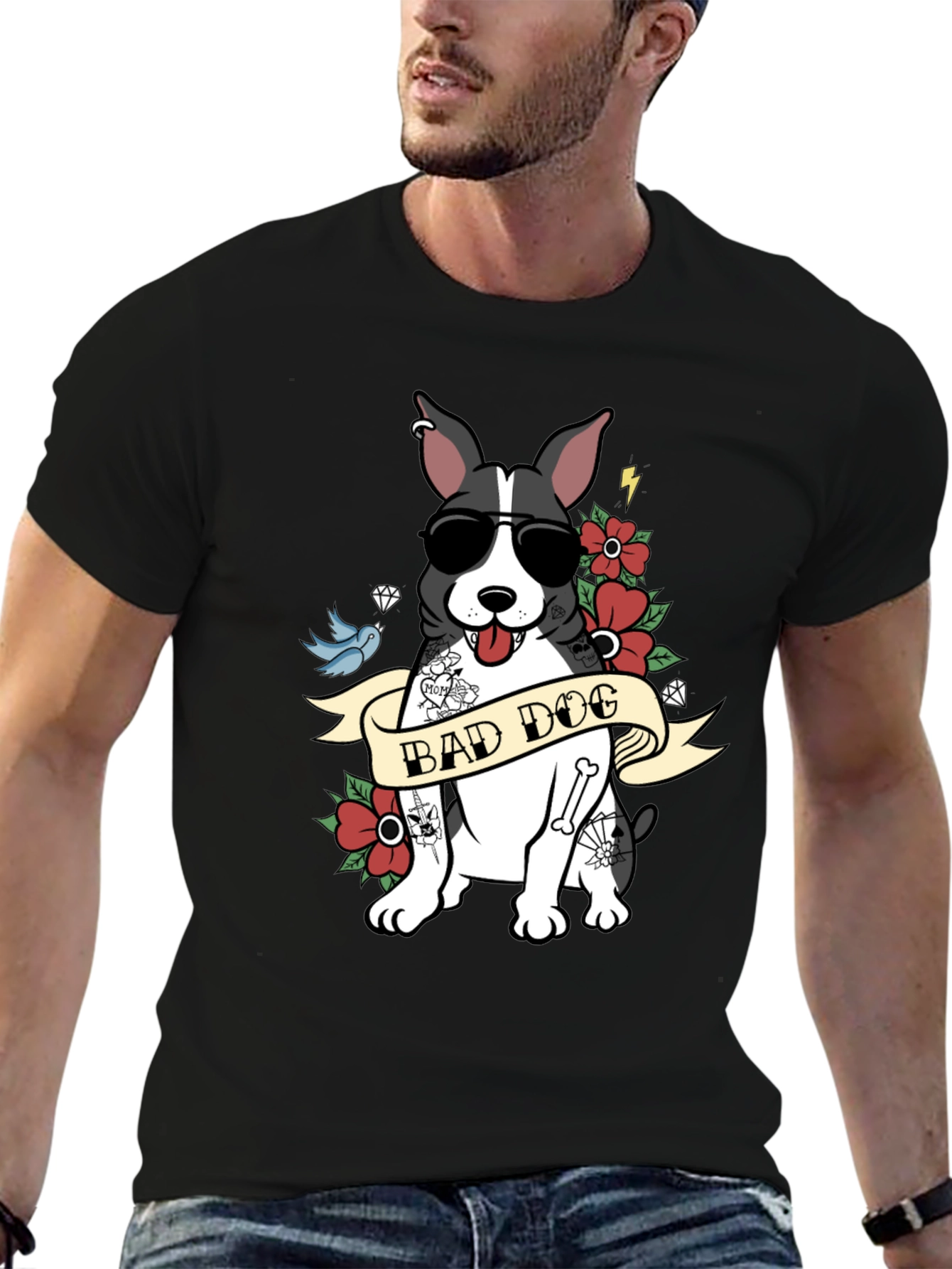 Bad Dog Tattoo Style T-Shirt Cool Pet Tee