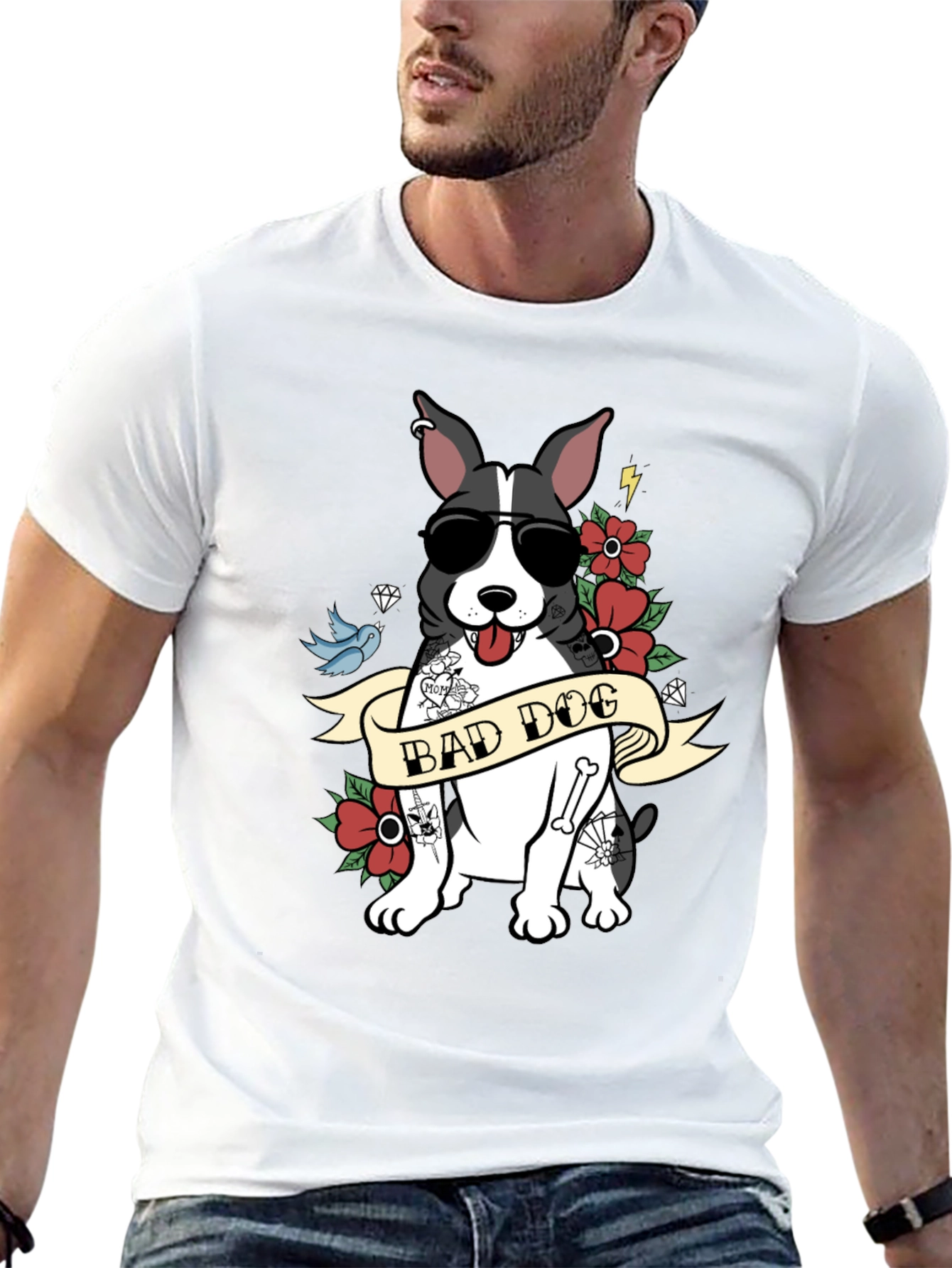 Bad Dog Tattoo Style T-Shirt Cool Pet Tee