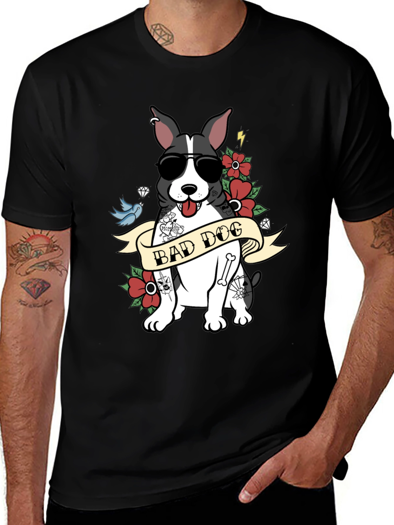 Bad Dog Tattoo Style T-Shirt Cool Pet Tee