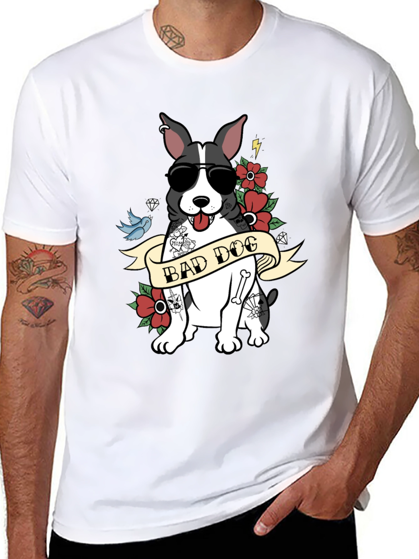 Bad Dog Tattoo Style T-Shirt Cool Pet Tee