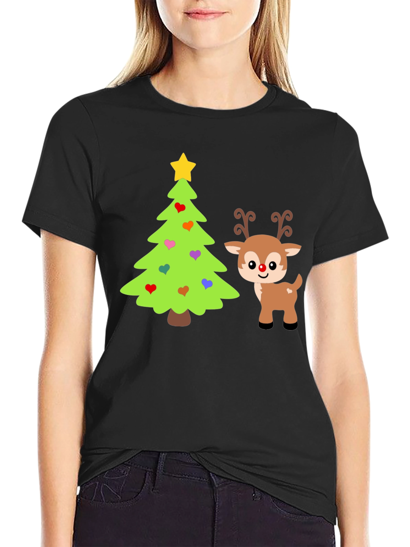 Festive Christmas Tree & Reindeer Graphic Tee