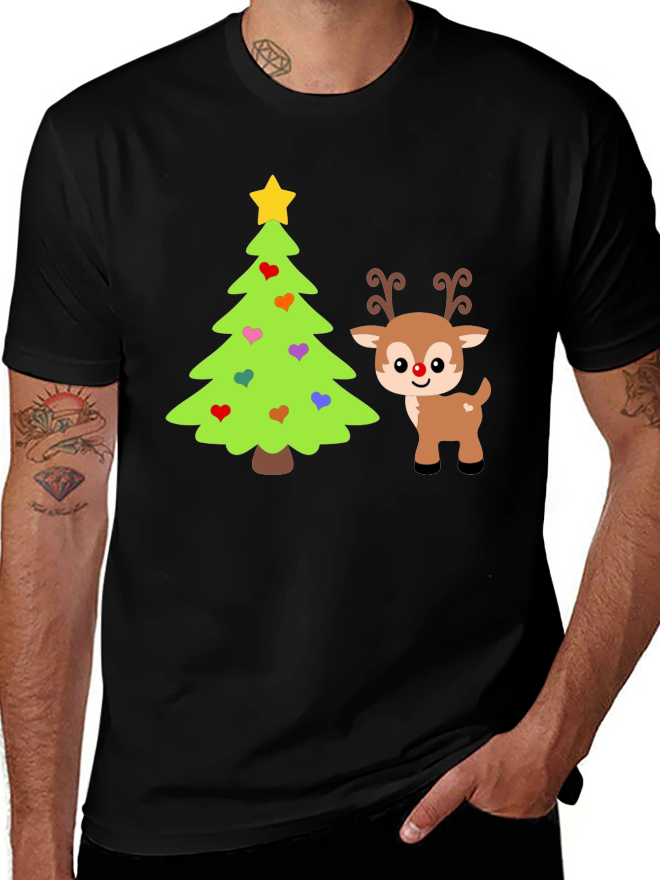 Festive Christmas Tree & Reindeer Graphic Tee