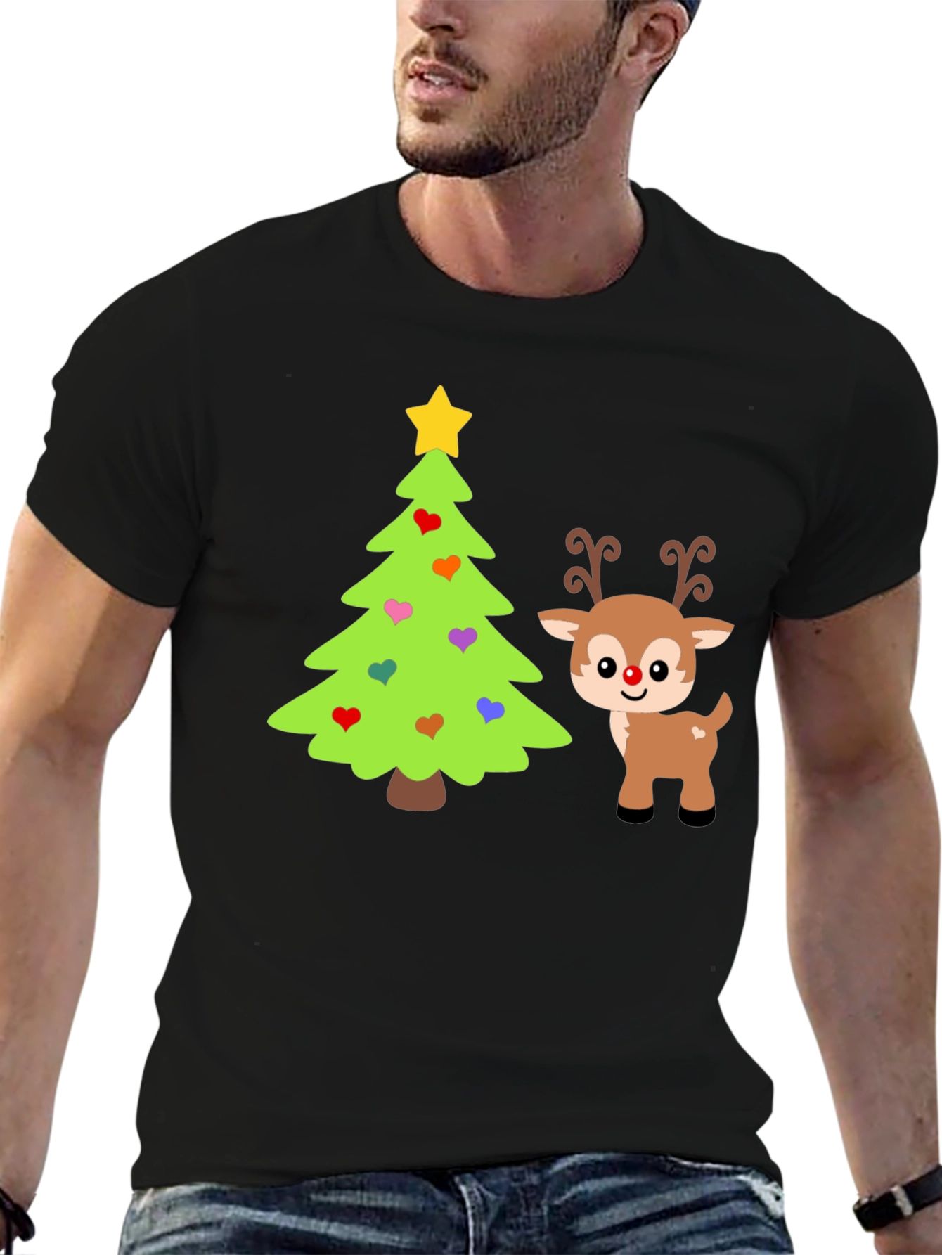 Festive Christmas Tree & Reindeer Graphic Tee