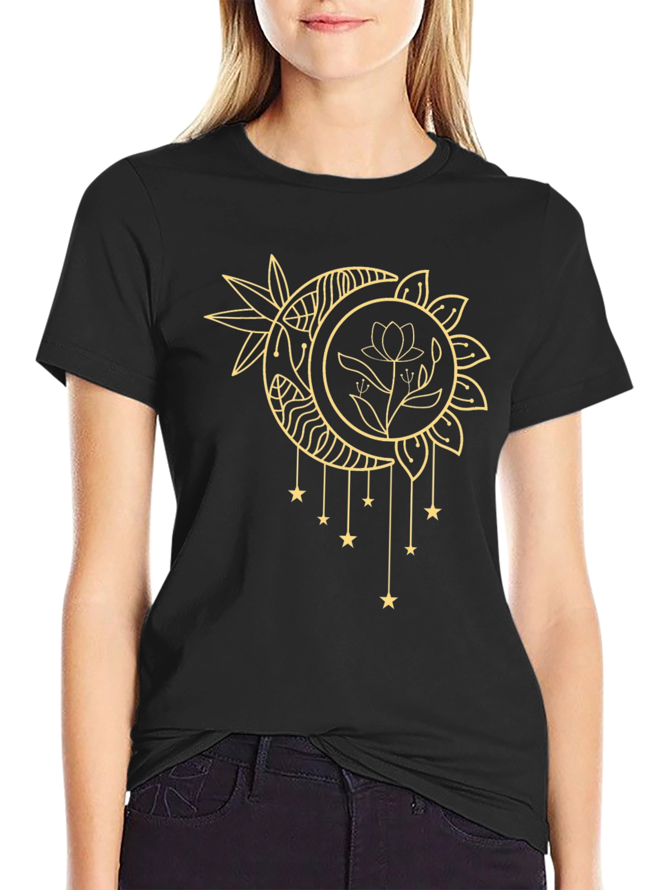 Celestial Moon & Star Graphic Black T-Shirt