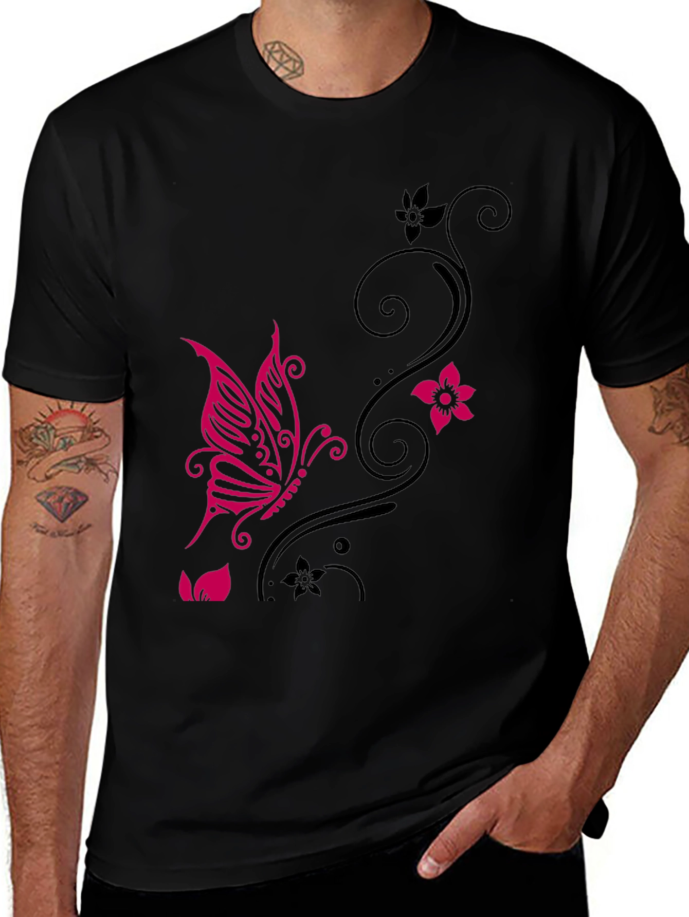 Butterfly & Floral Graphic Black T-Shirt