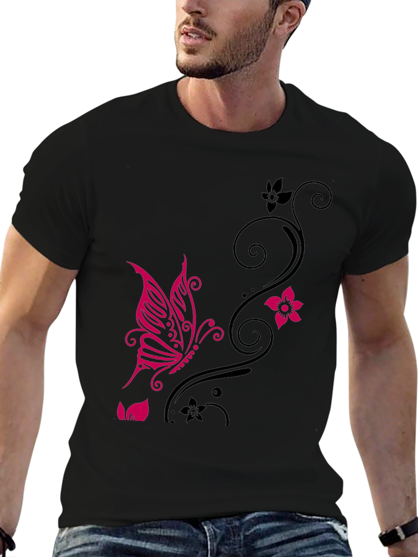Butterfly & Floral Graphic Black T-Shirt