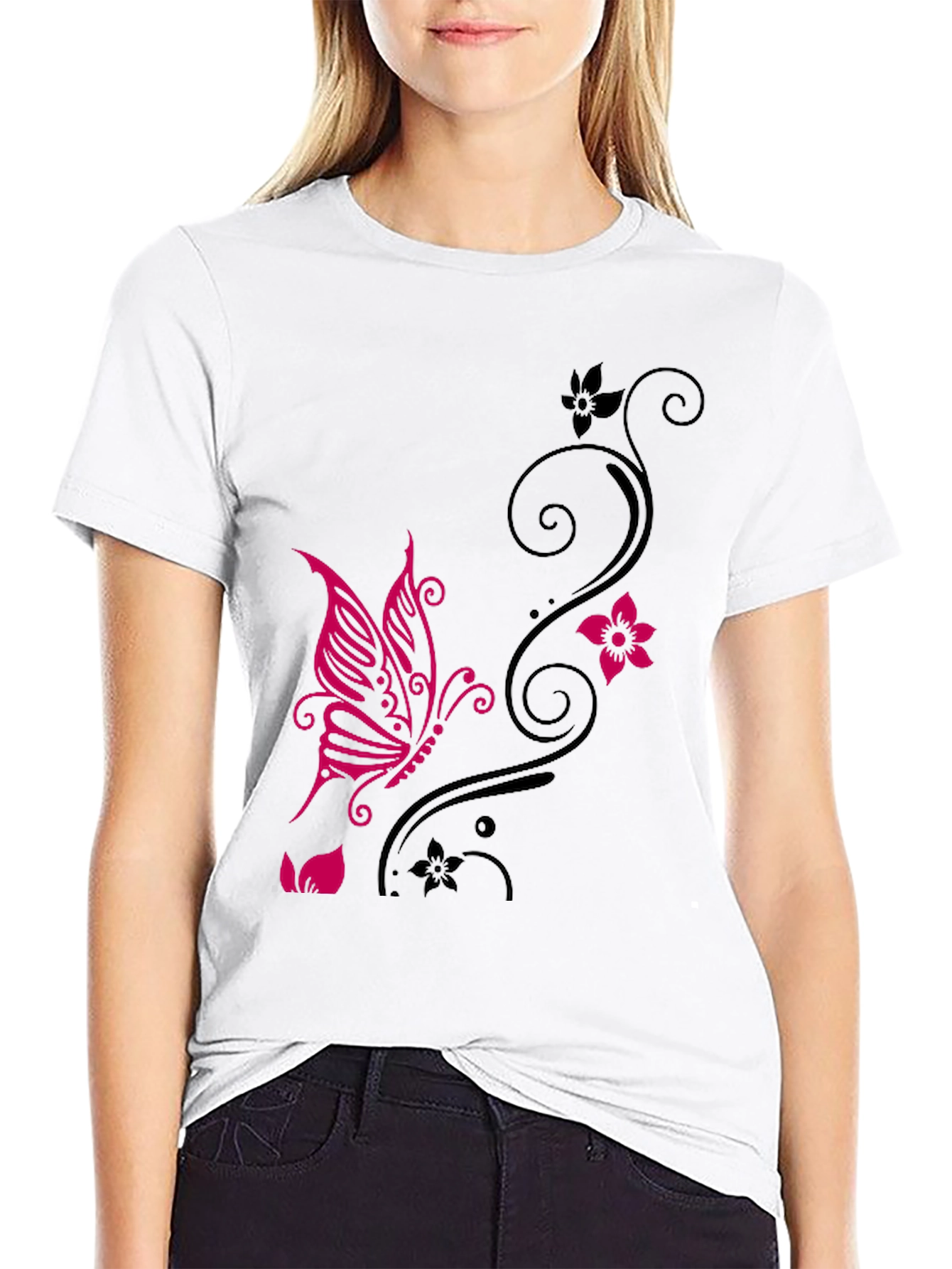 Butterfly & Floral Graphic Black T-Shirt