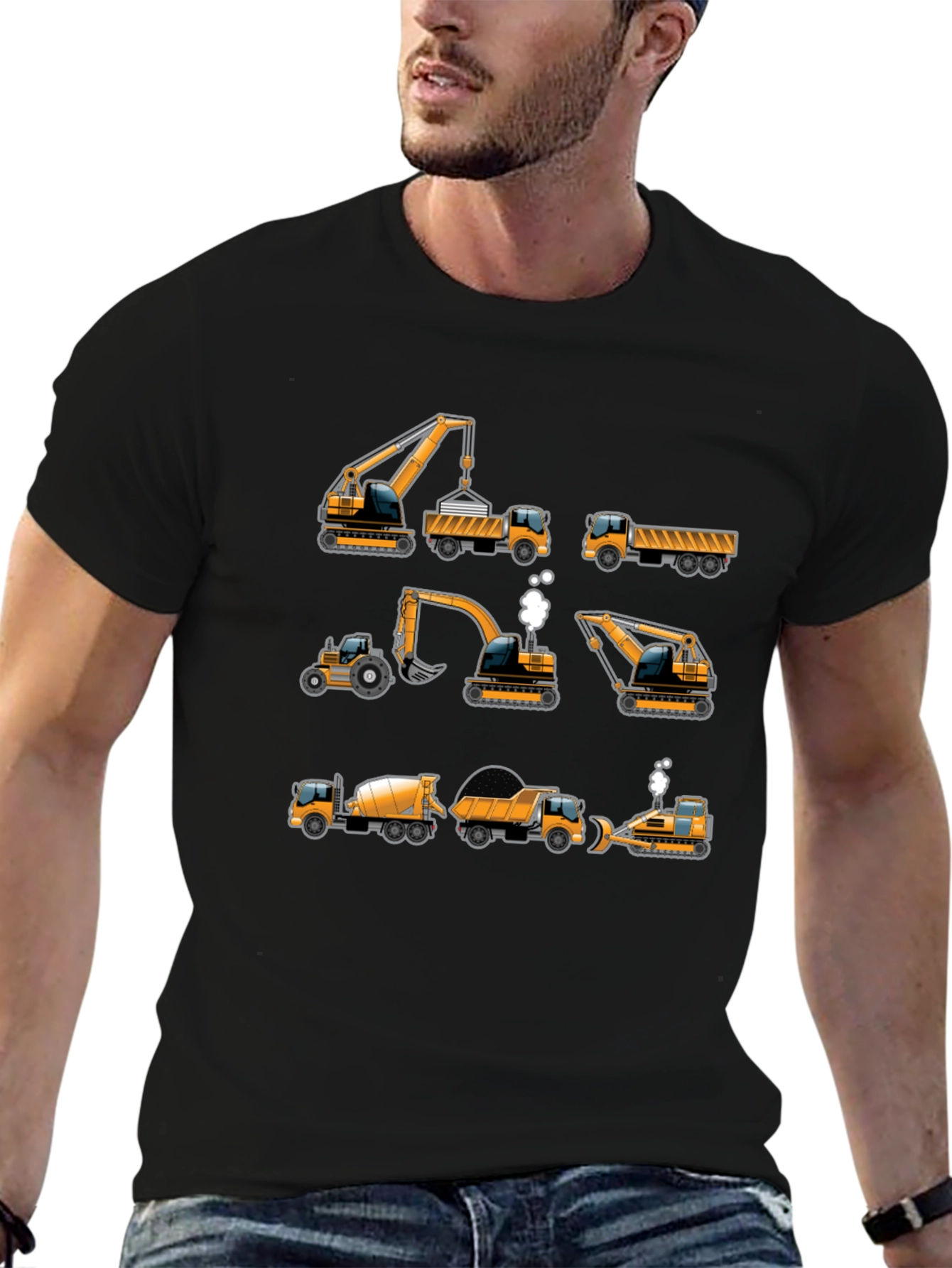 Construction Vehicles Graphic Tee - Black Cotton T-Shirt