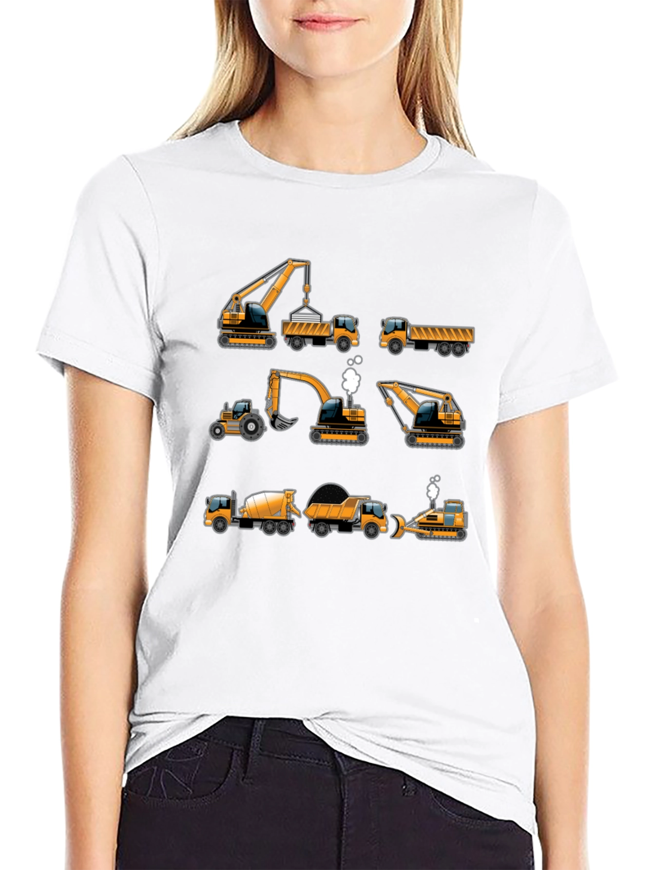 Construction Vehicles Graphic Tee - Black Cotton T-Shirt
