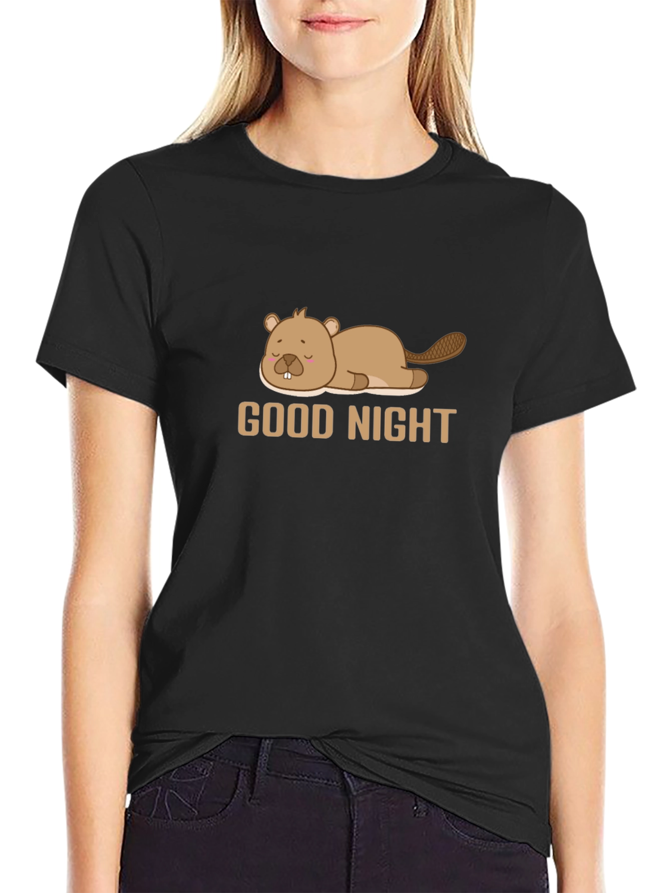 Good Night Beaver T-Shirt - Soft Black Cotton Blend