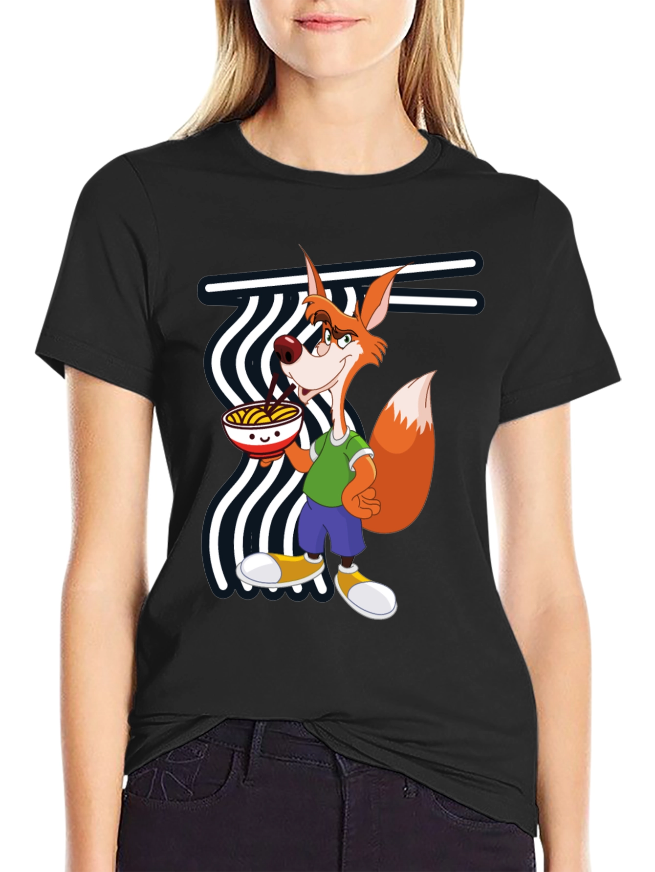 Cartoon Fox Eating Ramen Black T-Shirt