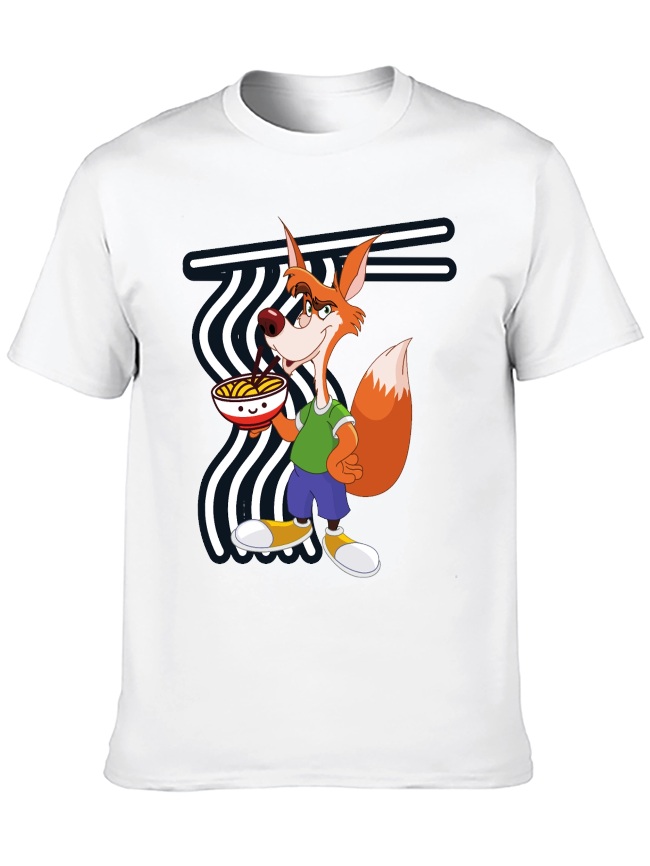 Cartoon Fox Eating Ramen Black T-Shirt
