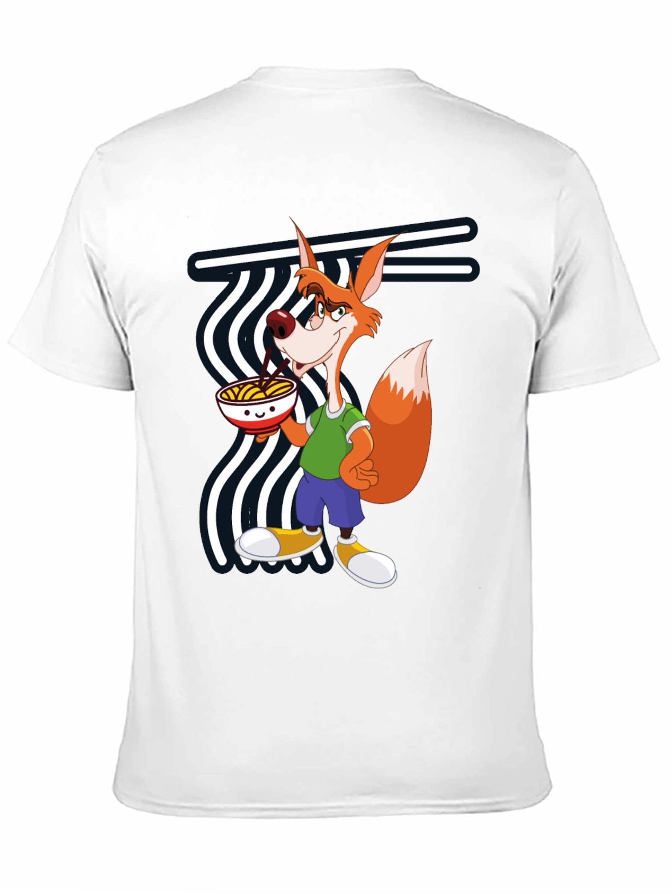 Cartoon Fox Eating Ramen Black T-Shirt
