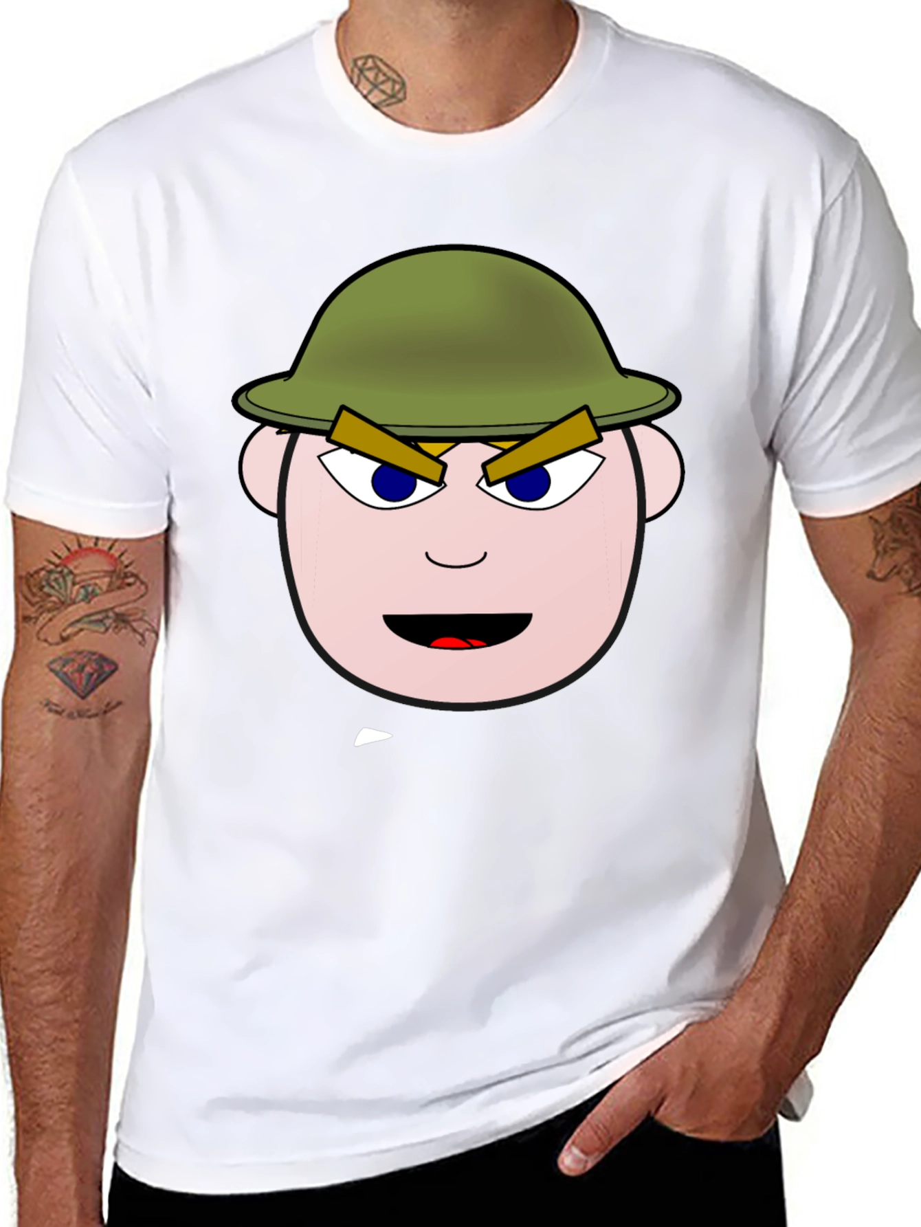 Cartoon Soldier Graphic Tee - Black Cotton Blend Shirt