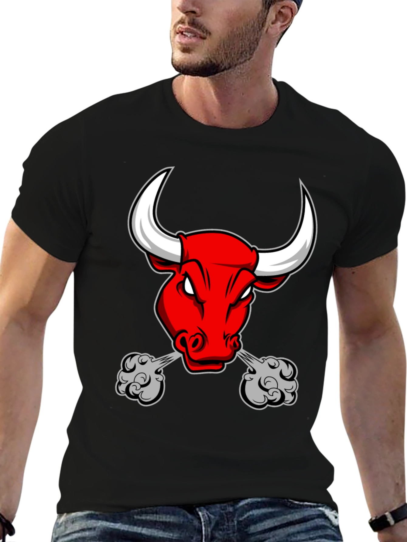 Mens Black T-Shirt with Angry Bull Graphic