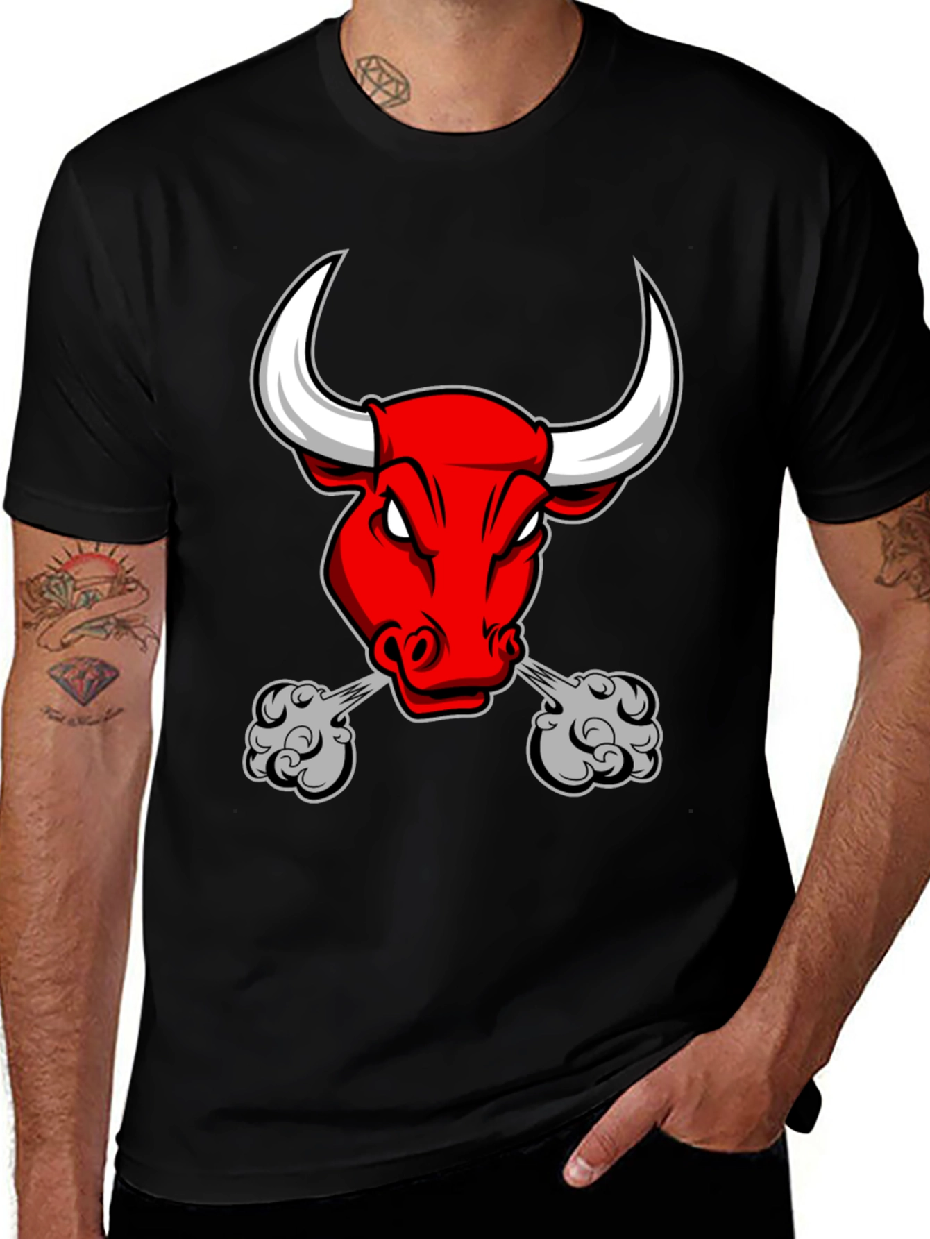 Mens Black T-Shirt with Angry Bull Graphic