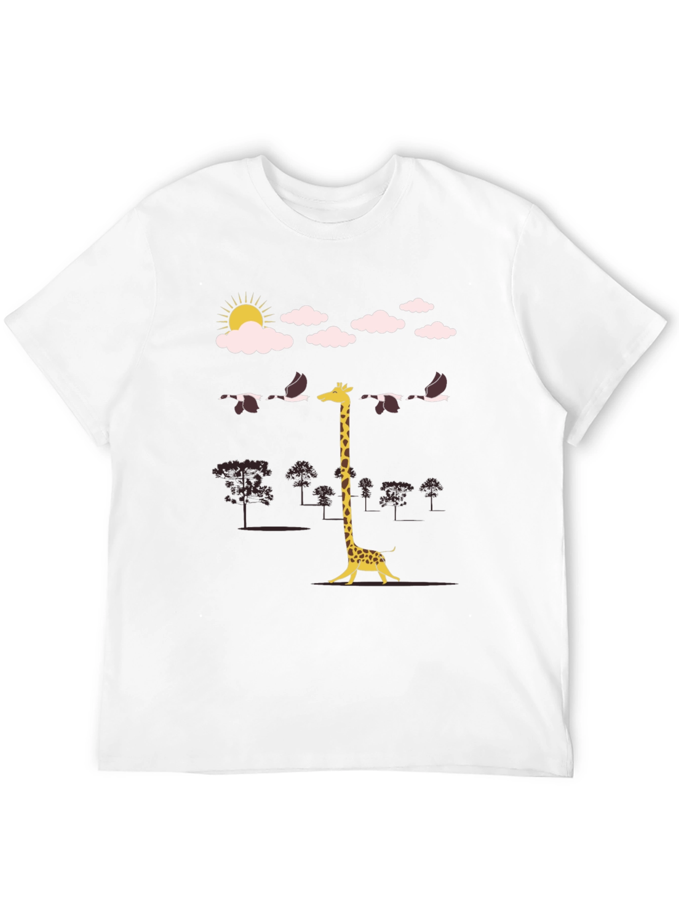 Giraffe Bird Line-Up Graphic Tee - Unique Mens T-Shirt