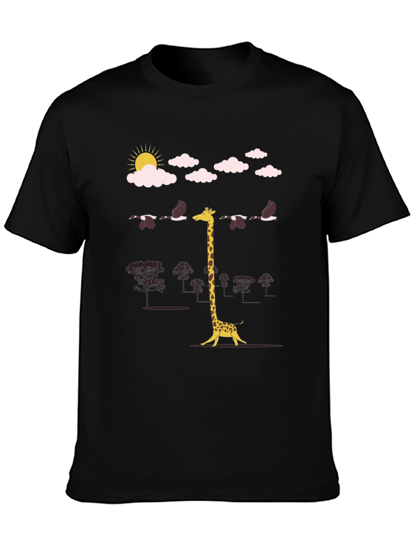Giraffe Bird Line-Up Graphic Tee - Unique Mens T-Shirt