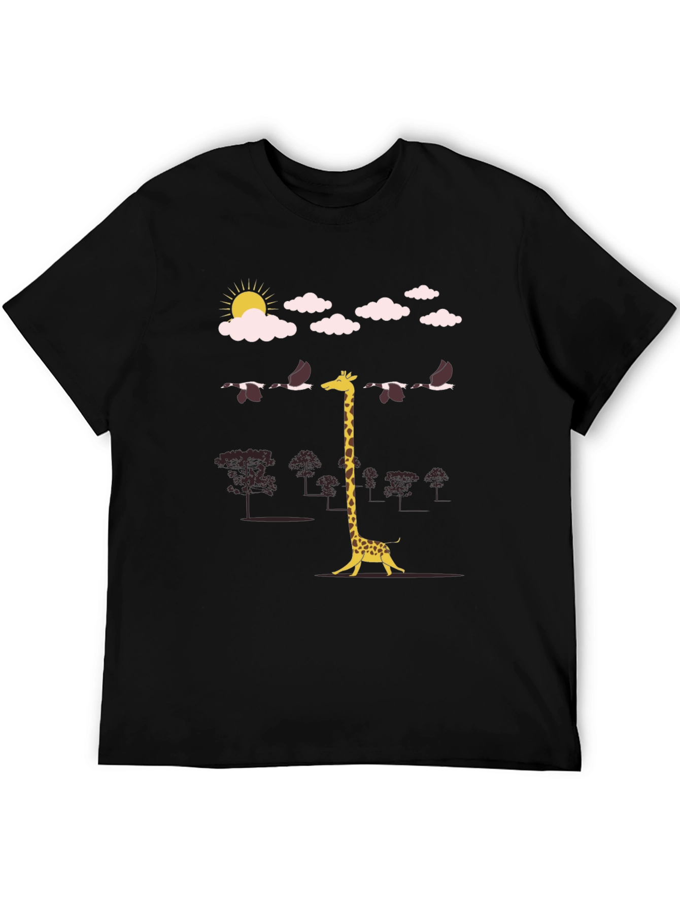 Giraffe Bird Line-Up Graphic Tee - Unique Mens T-Shirt