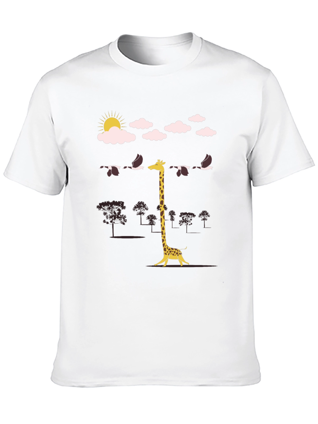 Giraffe Bird Line-Up Graphic Tee - Unique Mens T-Shirt