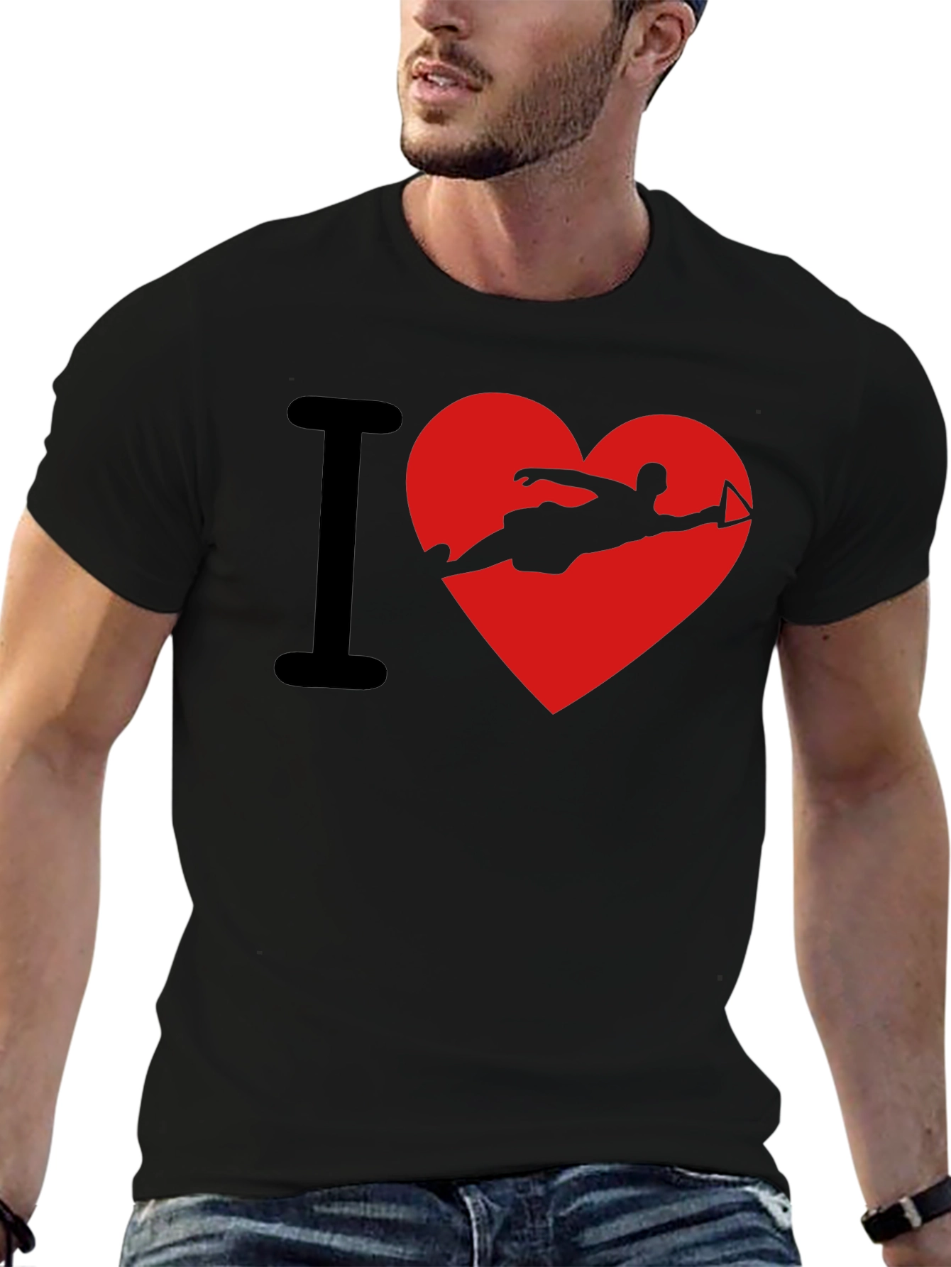 I Love Waterskiing Black T-Shirt