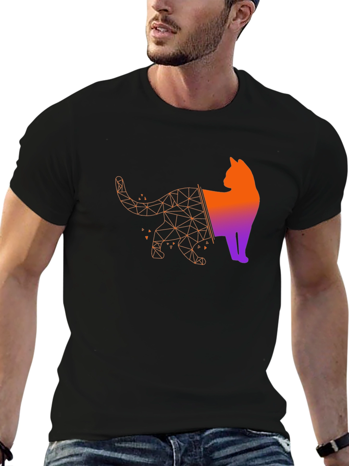 Geometric Cat Graphic Tee - Modern Artistic Style