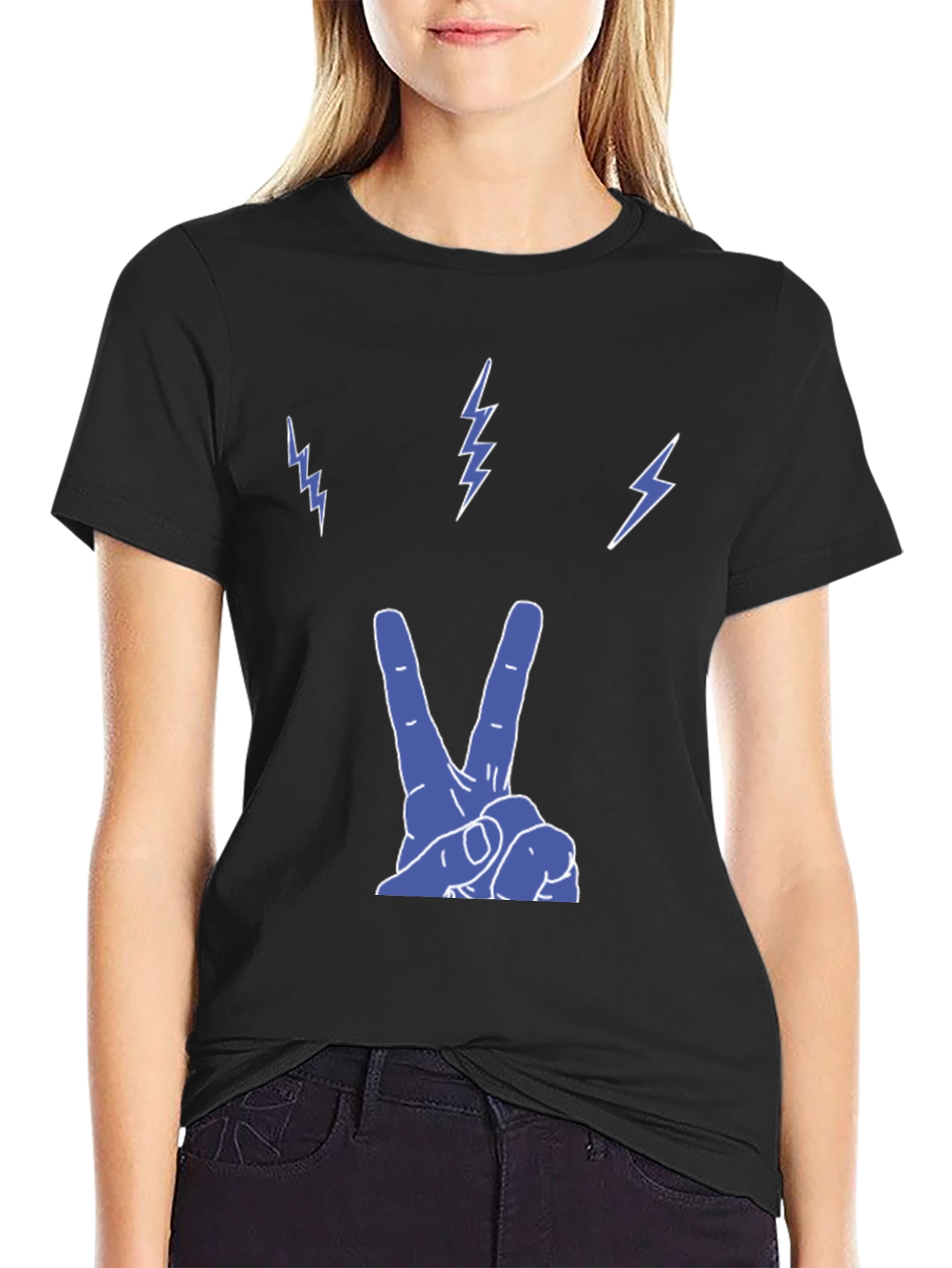 Peace and Lightning Black Graphic T-Shirt
