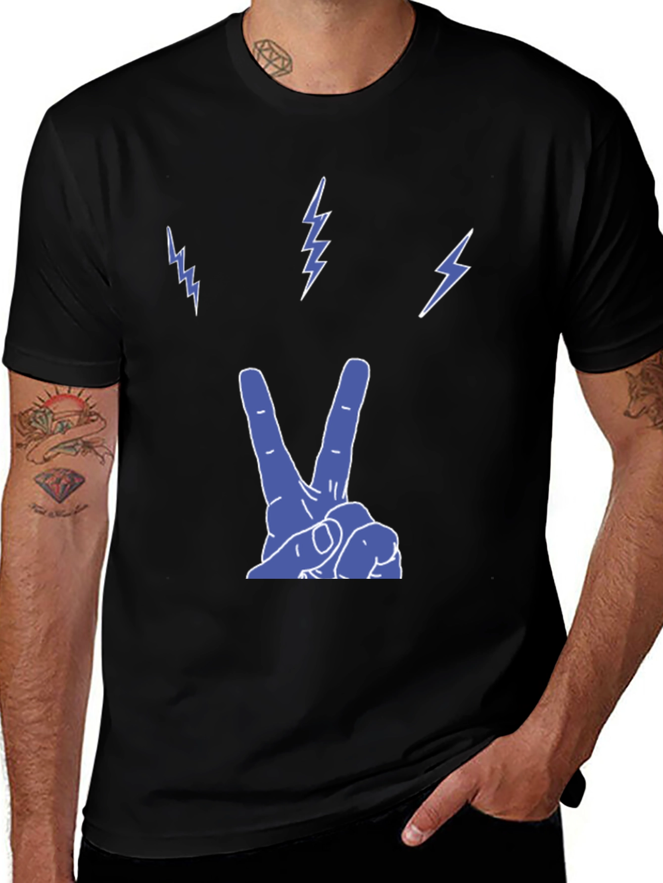 Peace and Lightning Black Graphic T-Shirt
