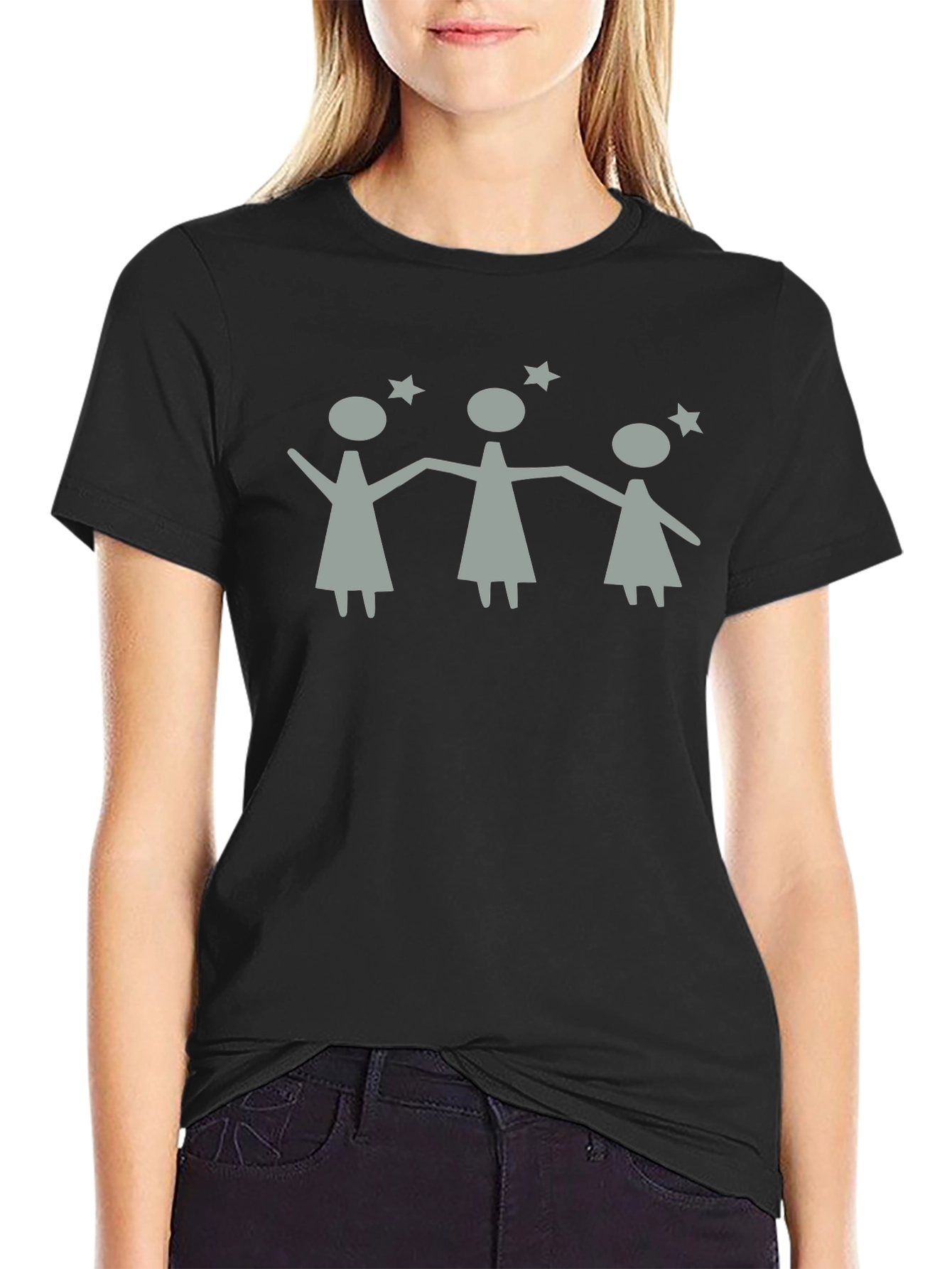 Stick Figure Women Stars Black T-Shirt