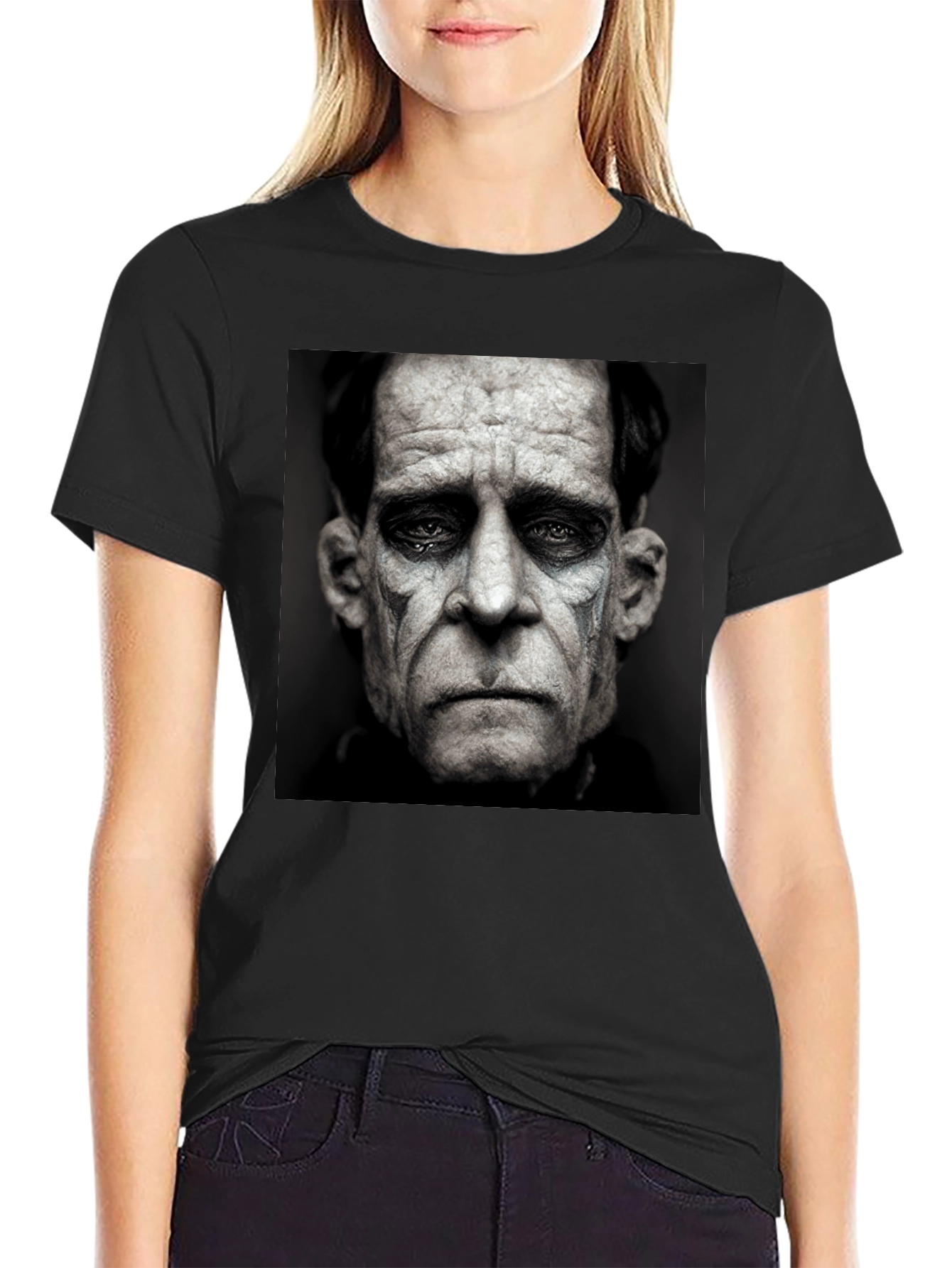 Black T-Shirt with Sad Clown Face Graphic