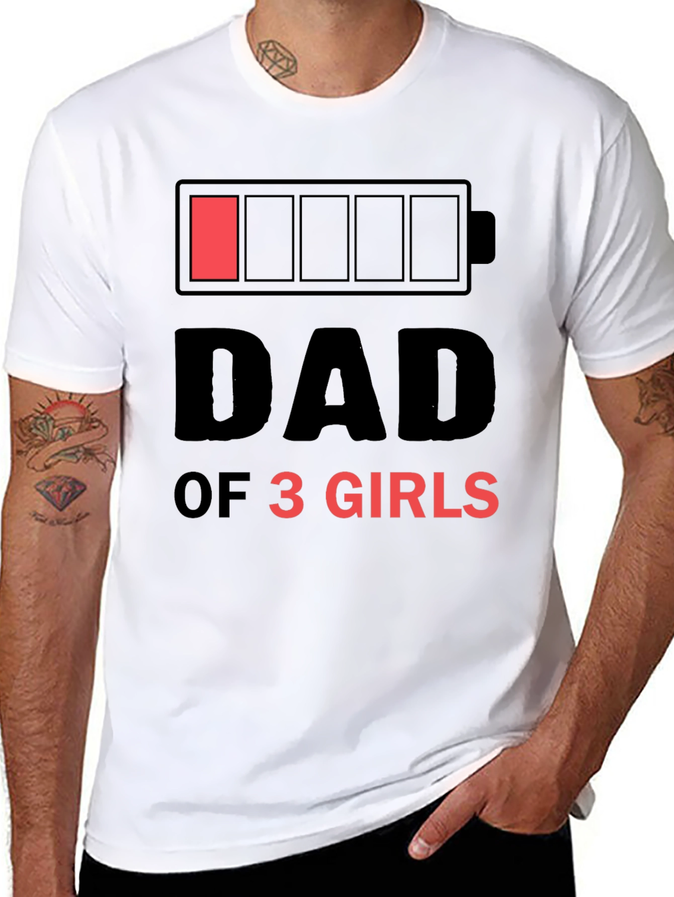 Dad of 3 Girls Funny Low Battery T-Shirt