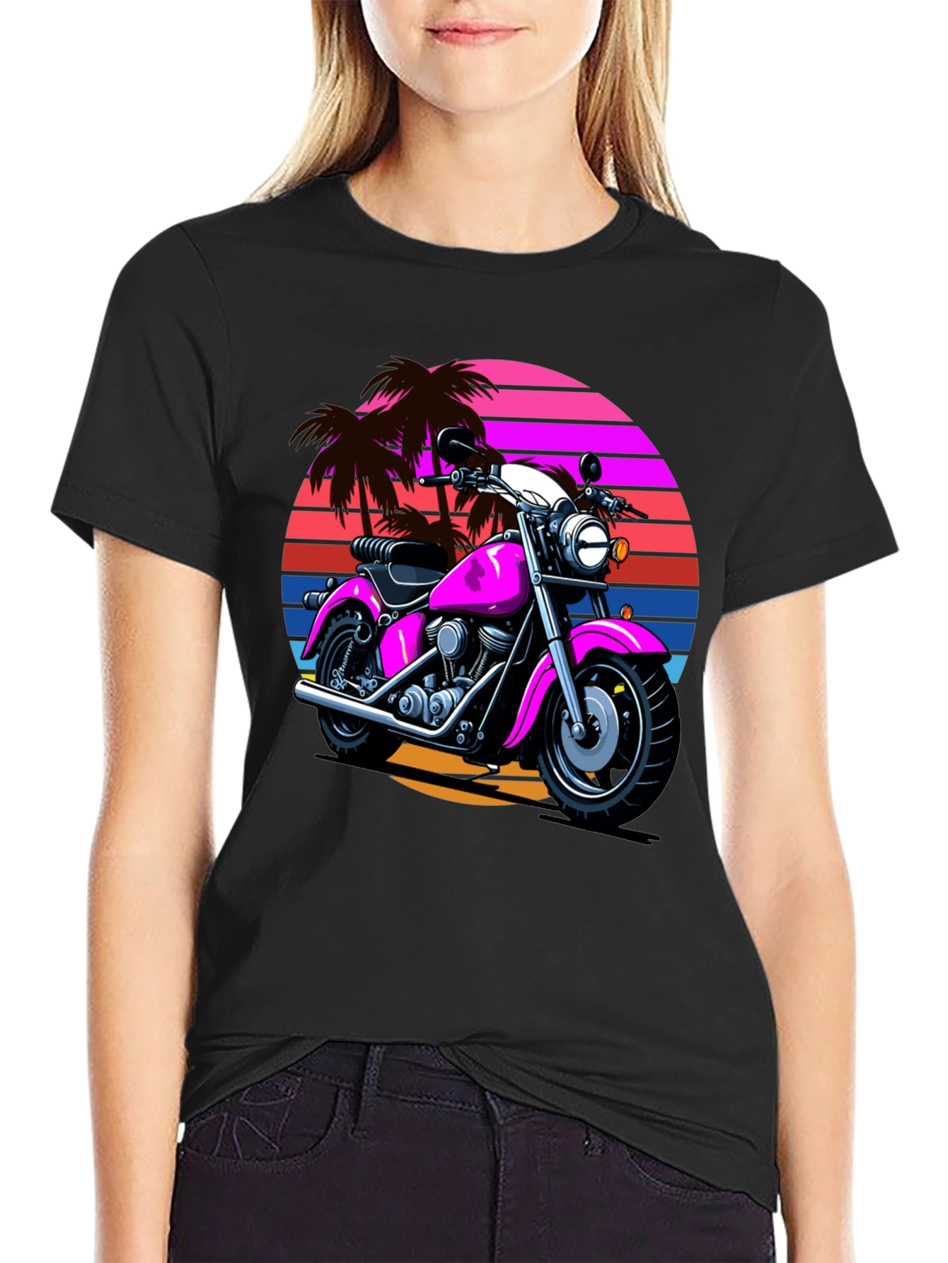 Retro Motorcycle T-Shirt - Palm Sunset Graphic