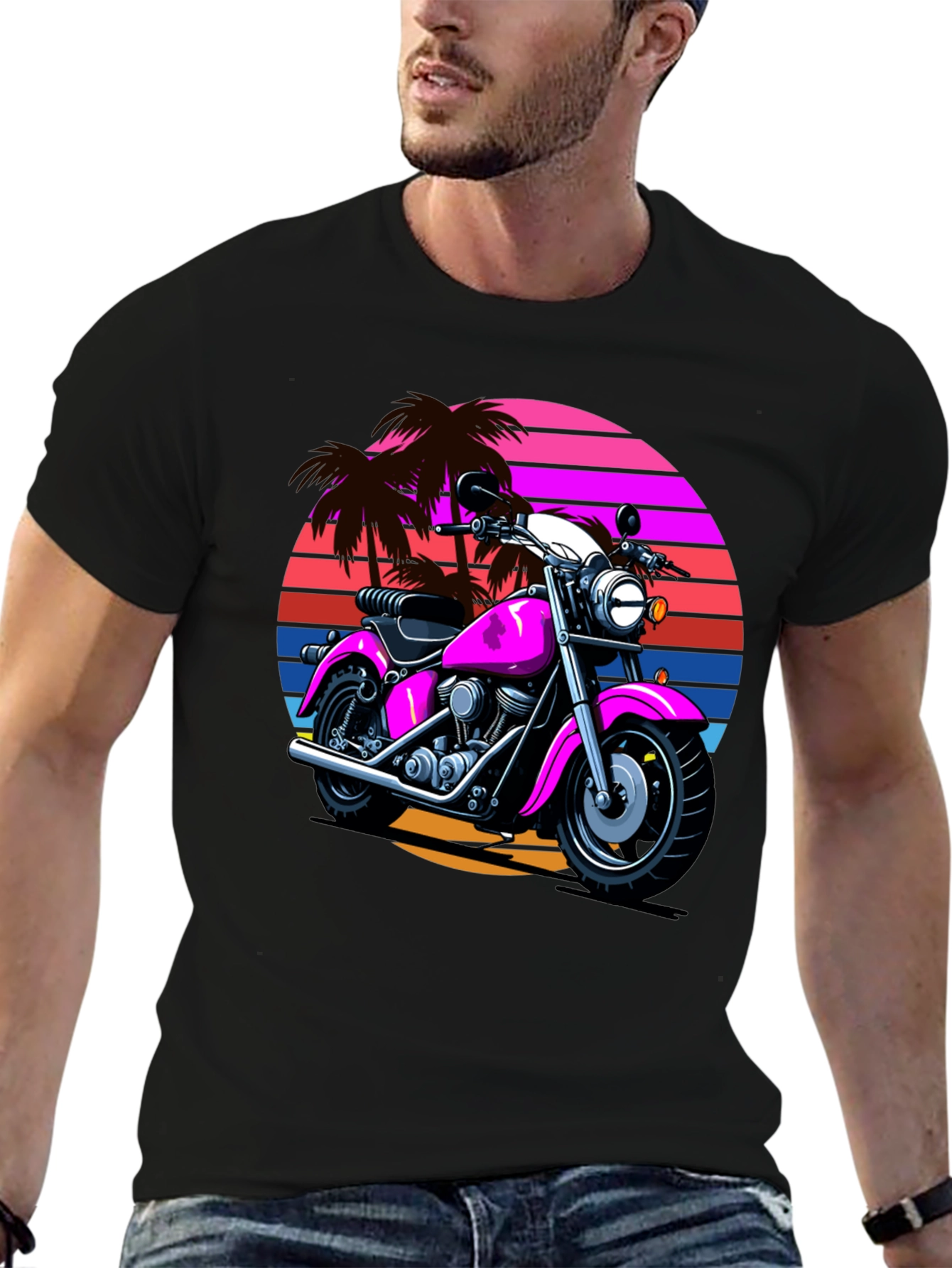 Retro Motorcycle T-Shirt - Palm Sunset Graphic