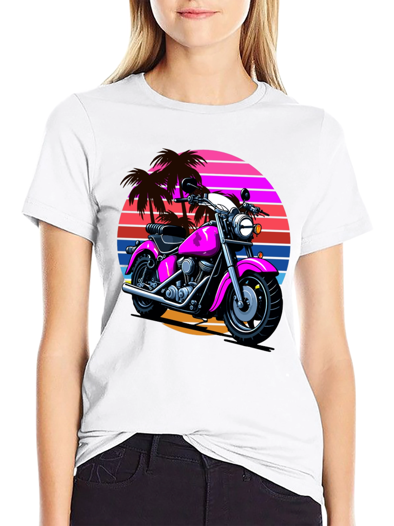 Retro Motorcycle T-Shirt - Palm Sunset Graphic