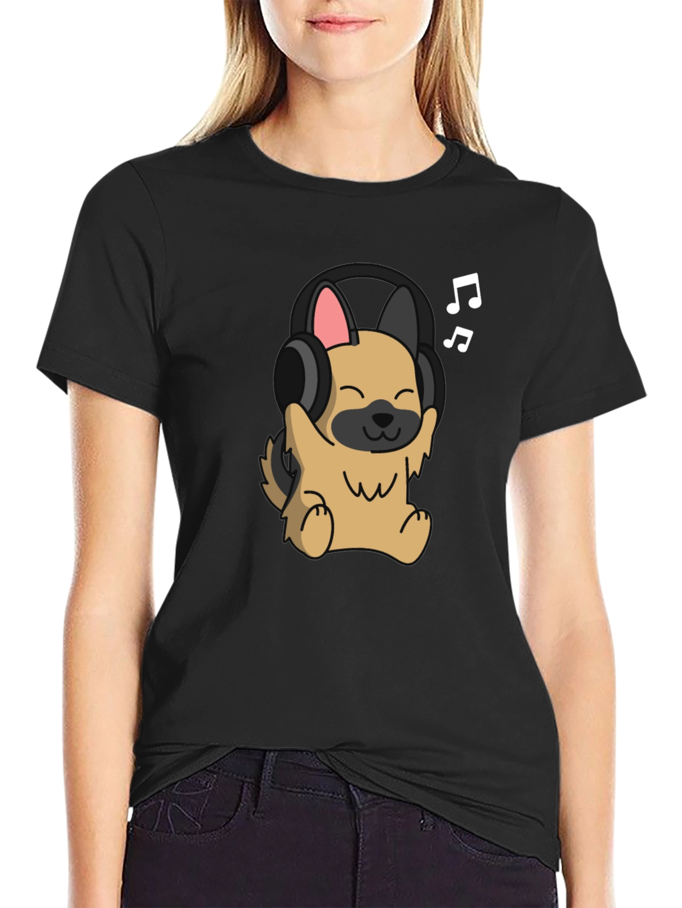 Dog with Headphones Graphic Tee - Black Cotton T-Shirt