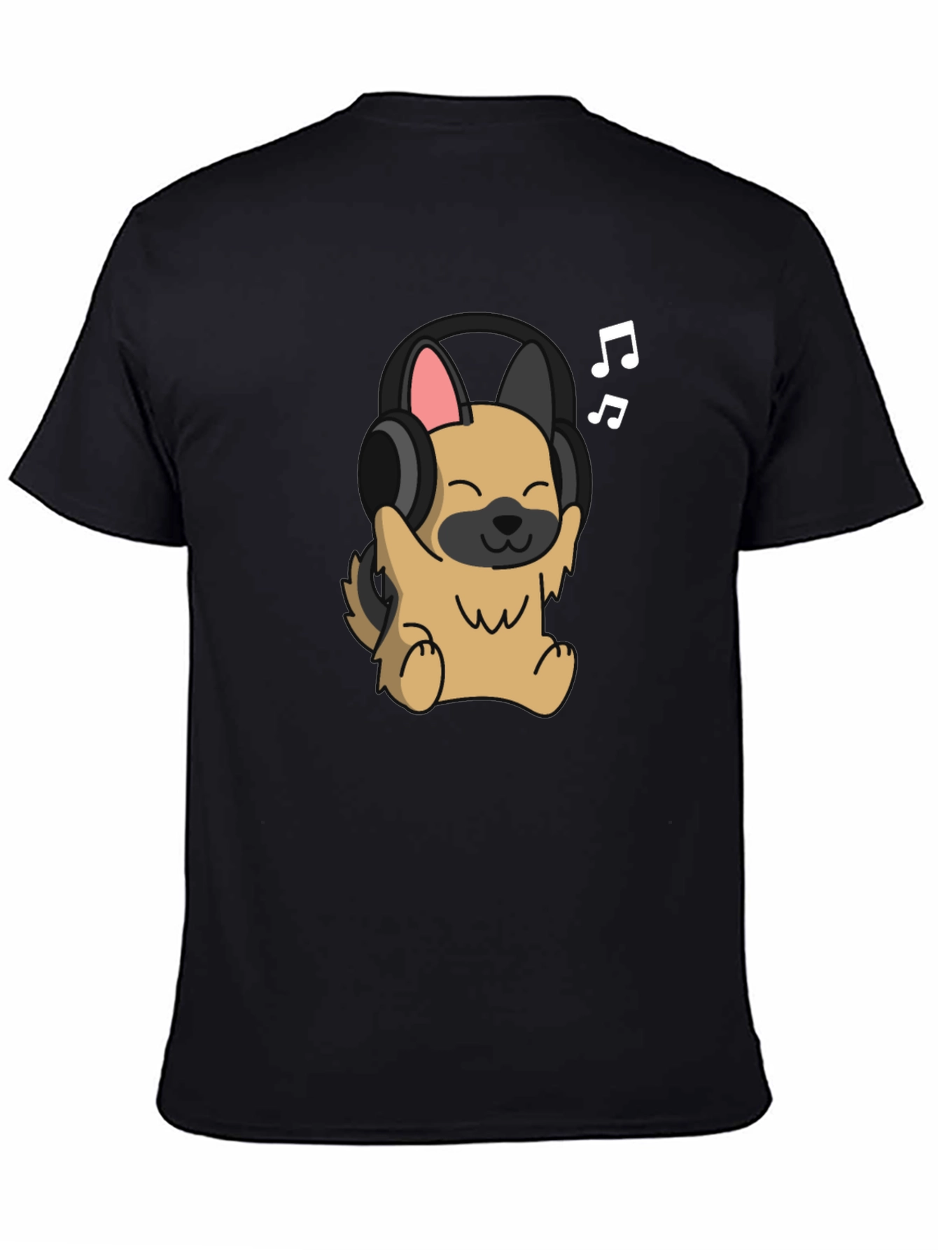 Dog with Headphones Graphic Tee - Black Cotton T-Shirt