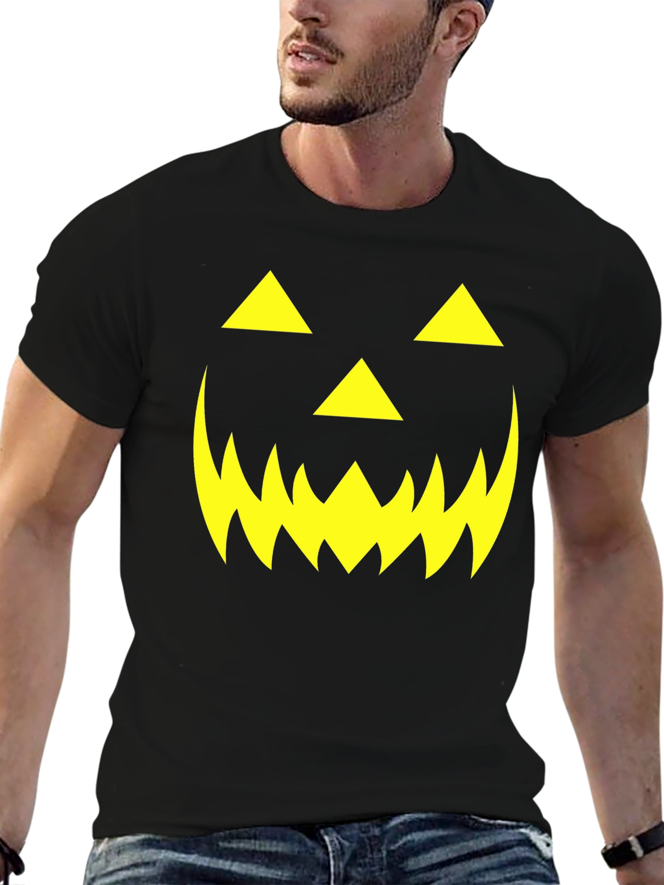 Halloween Pumpkin Face Graphic Tee - Black