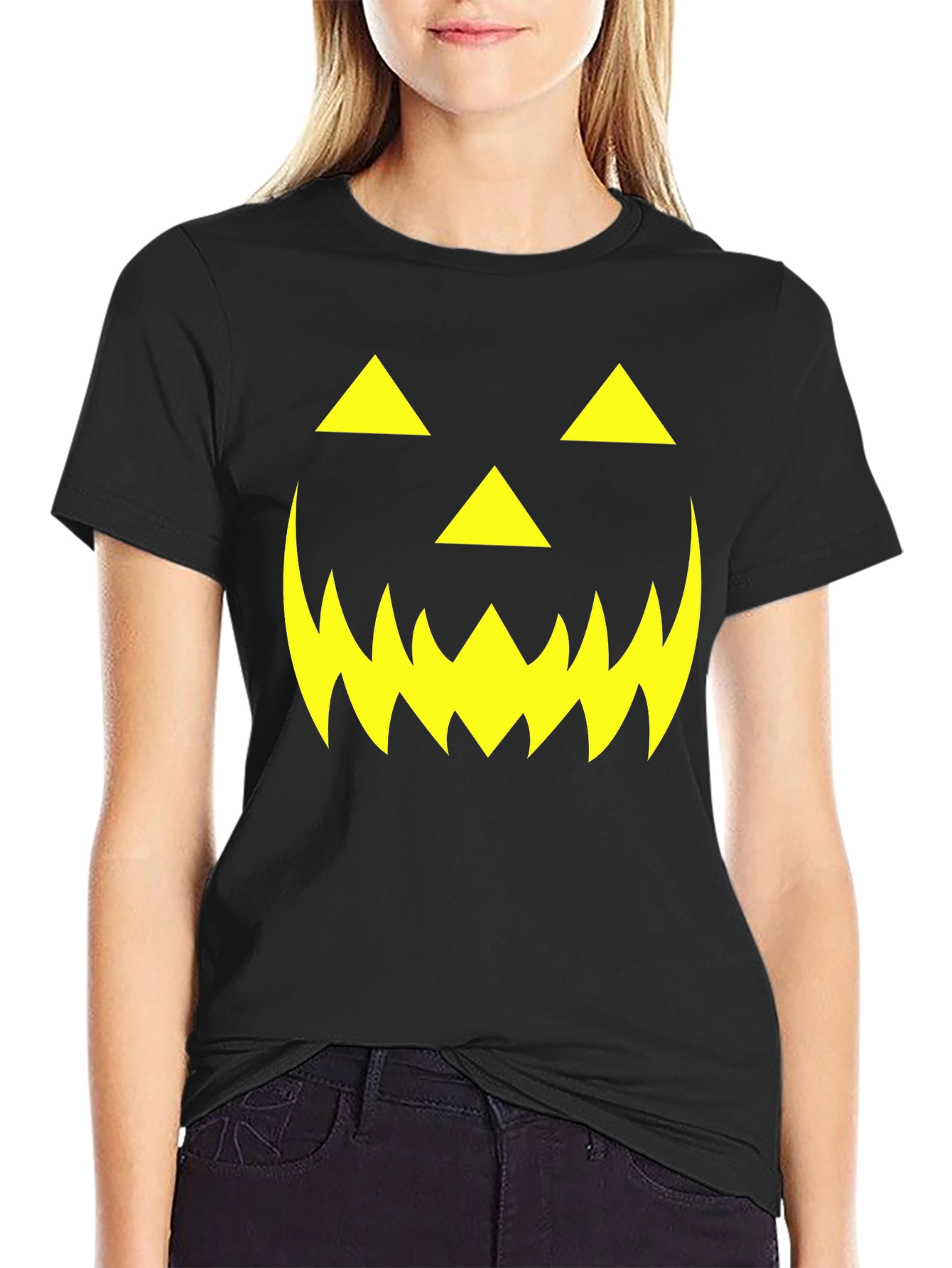 Halloween Pumpkin Face Graphic Tee - Black