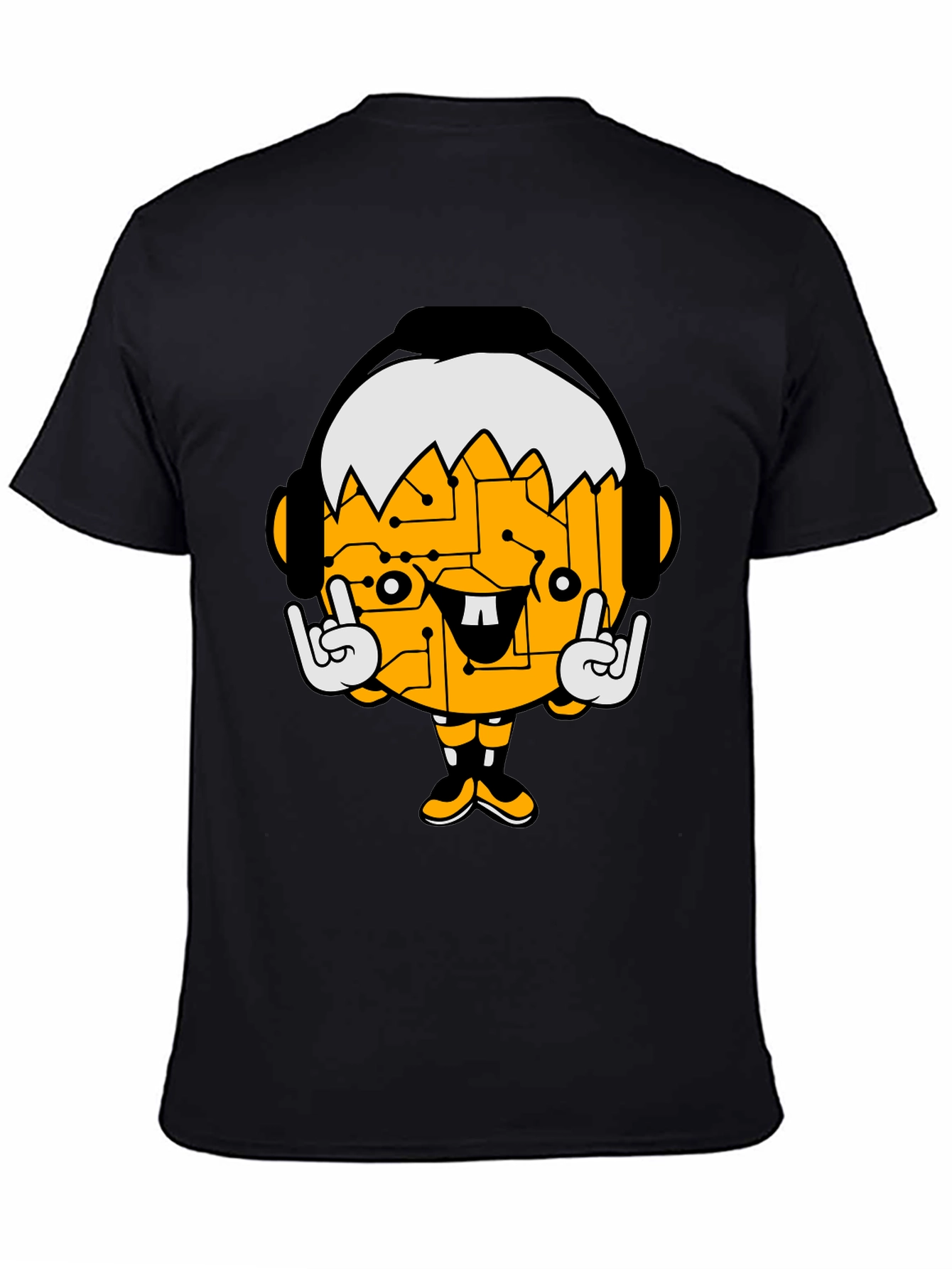 Tech Head Cartoon Graphic Black T-Shirt