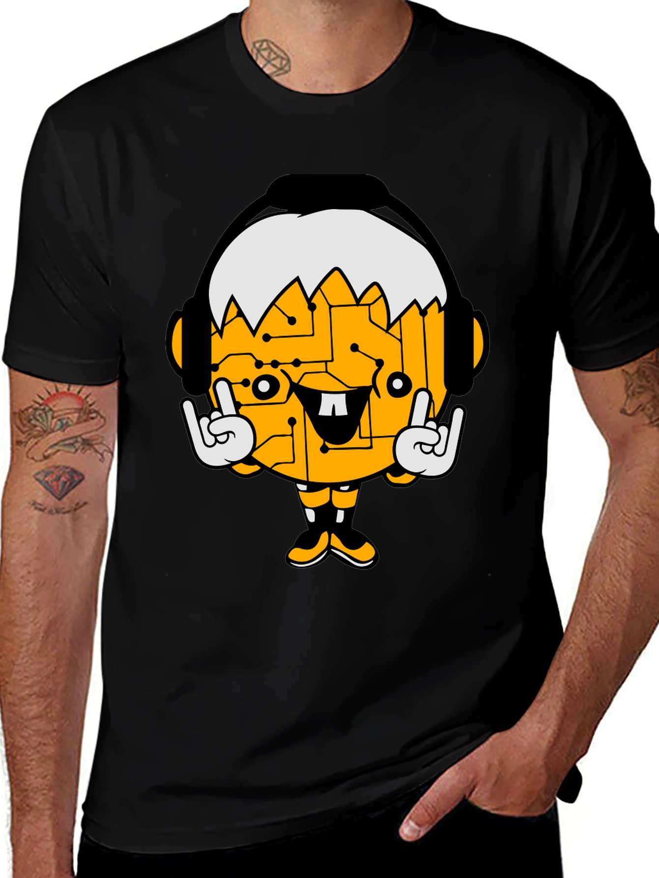 Tech Head Cartoon Graphic Black T-Shirt