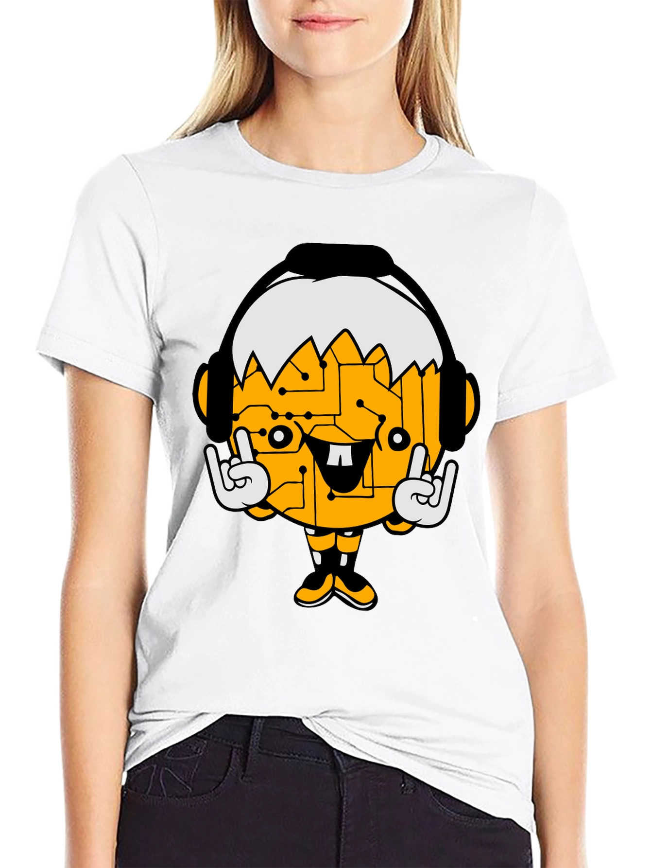 Tech Head Cartoon Graphic Black T-Shirt