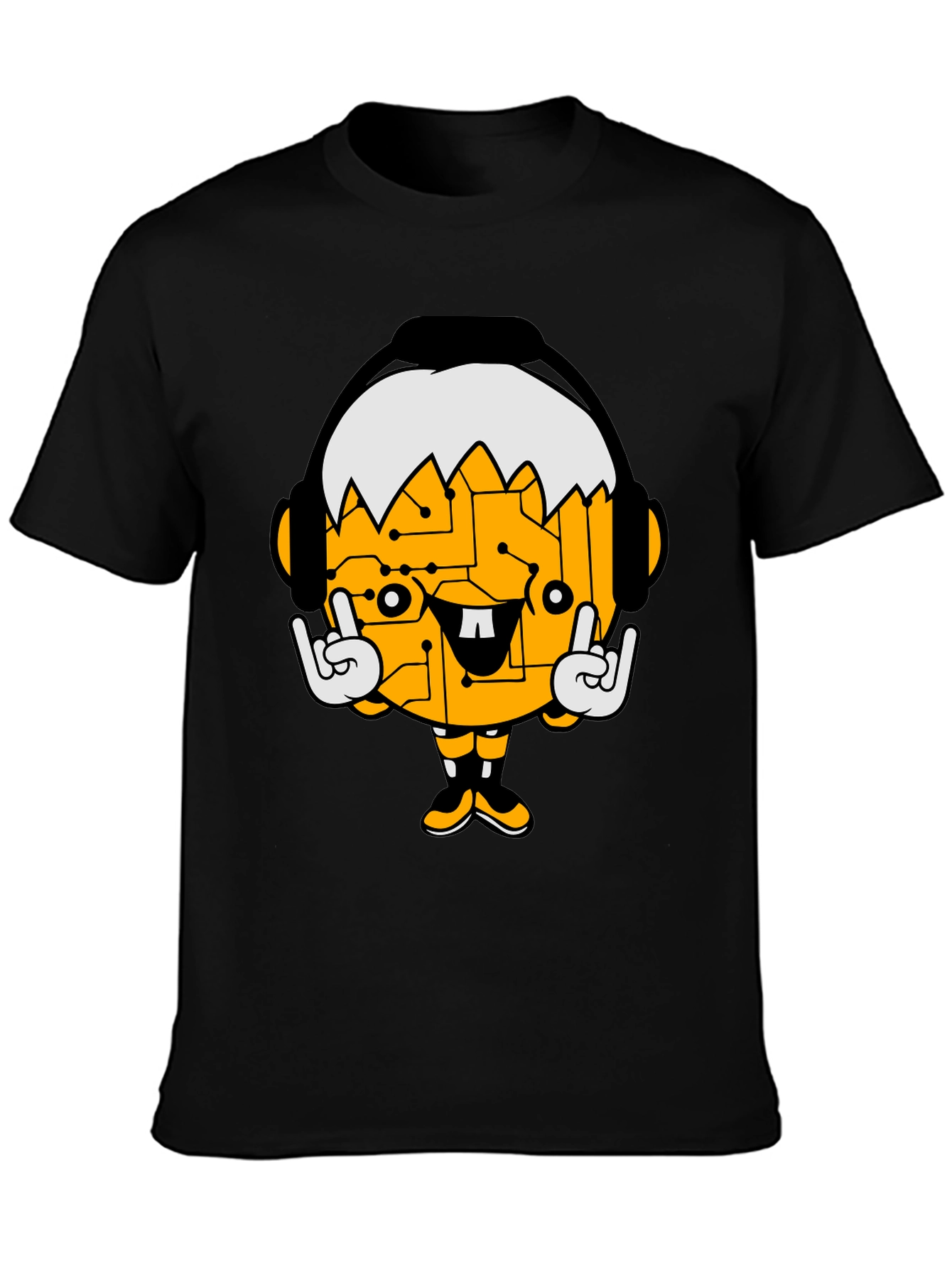 Tech Head Cartoon Graphic Black T-Shirt
