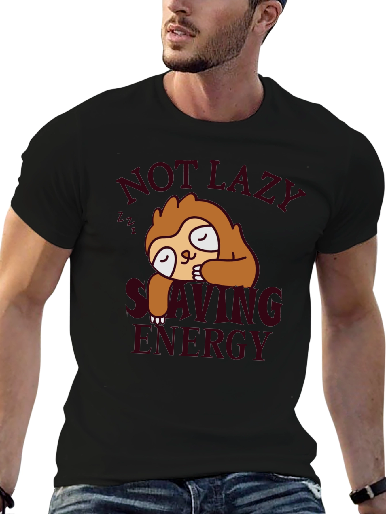 Sloth Not Lazy Saving Energy Black T-Shirt