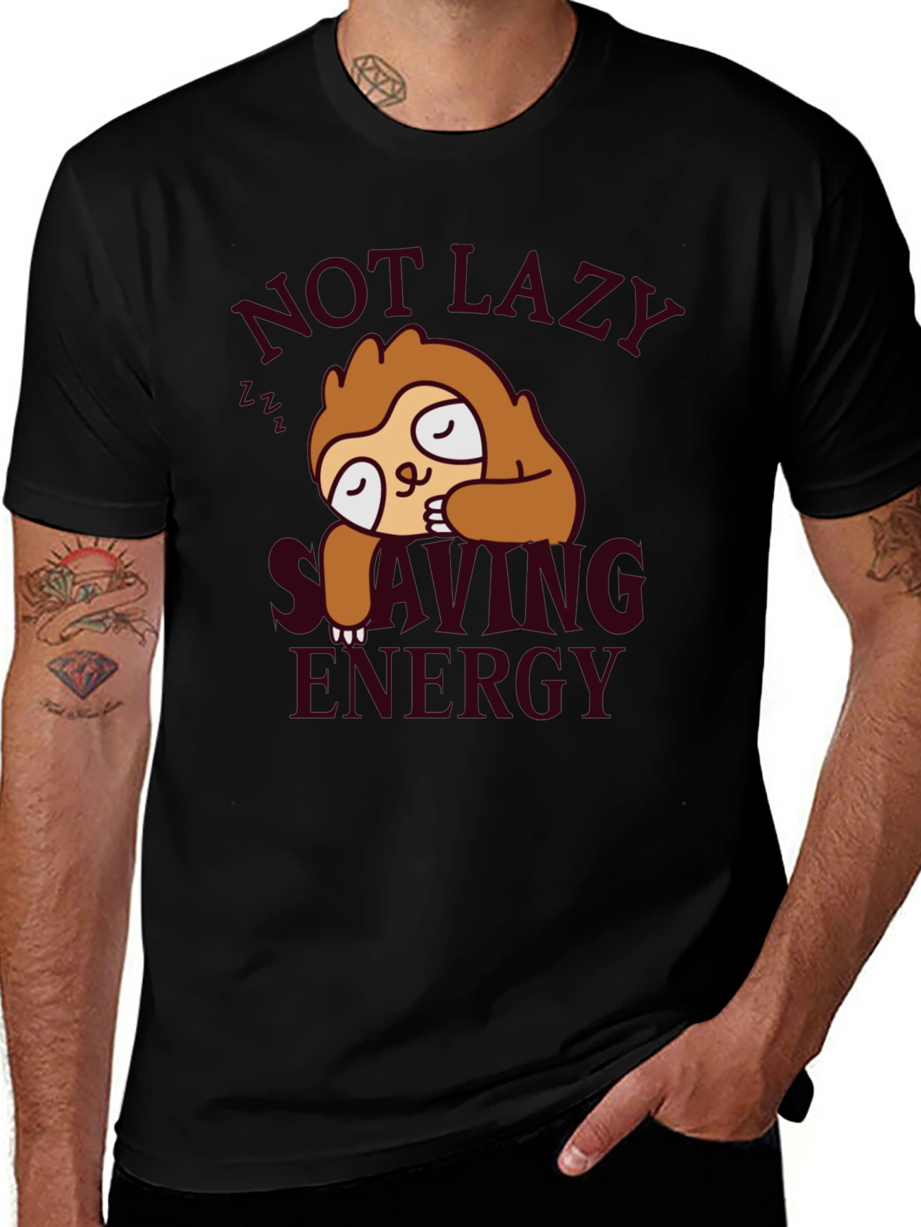 Sloth Not Lazy Saving Energy Black T-Shirt